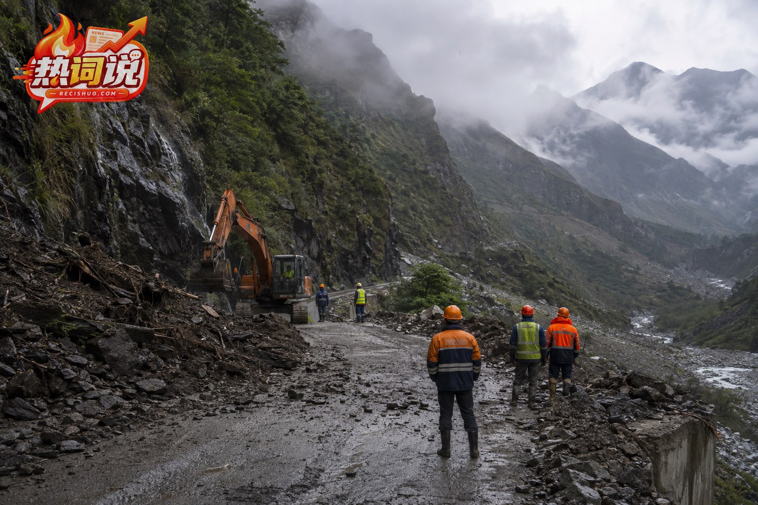救援人员与工程机械在高山峡谷清理受损道路的新闻纪实示意图