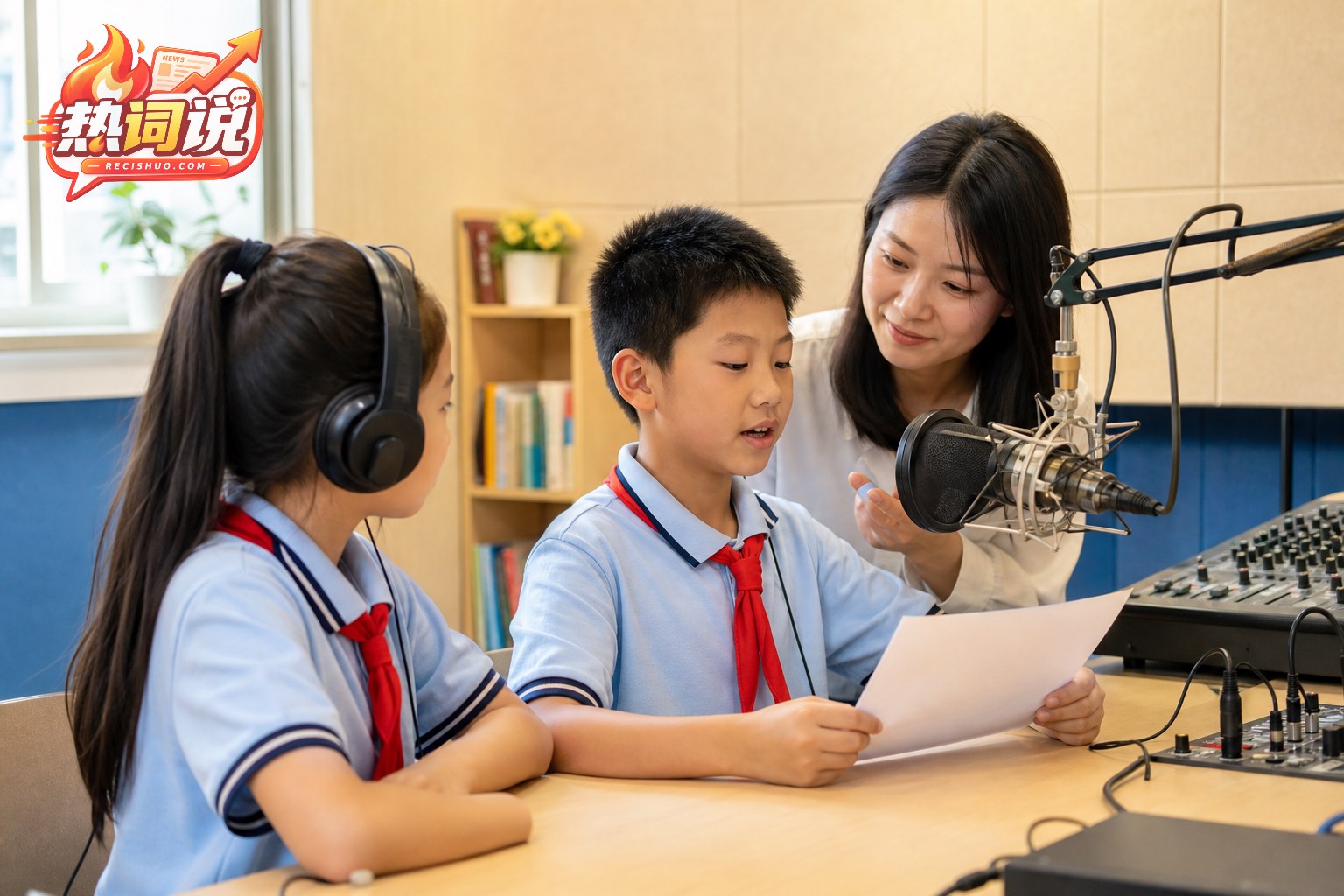 教师指导两名小学生在校园广播站试读故事稿并体验节目录制