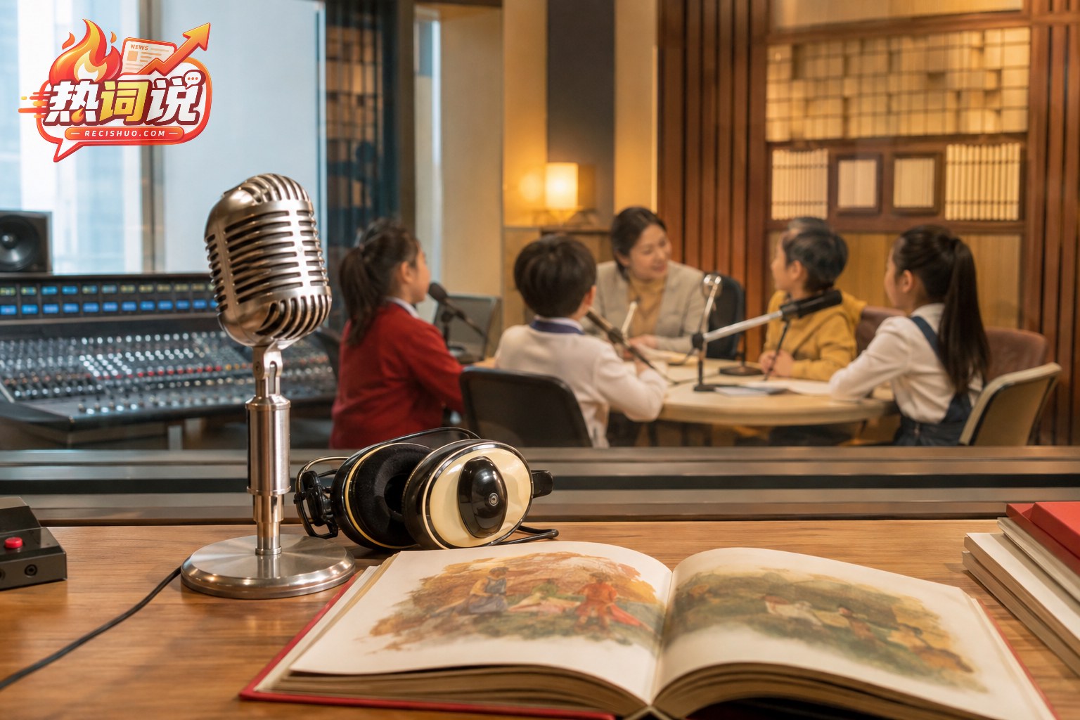 现代广播录音棚内的复古麦克风、耳机和故事书,儿童正在主持人陪伴下参与节目录制