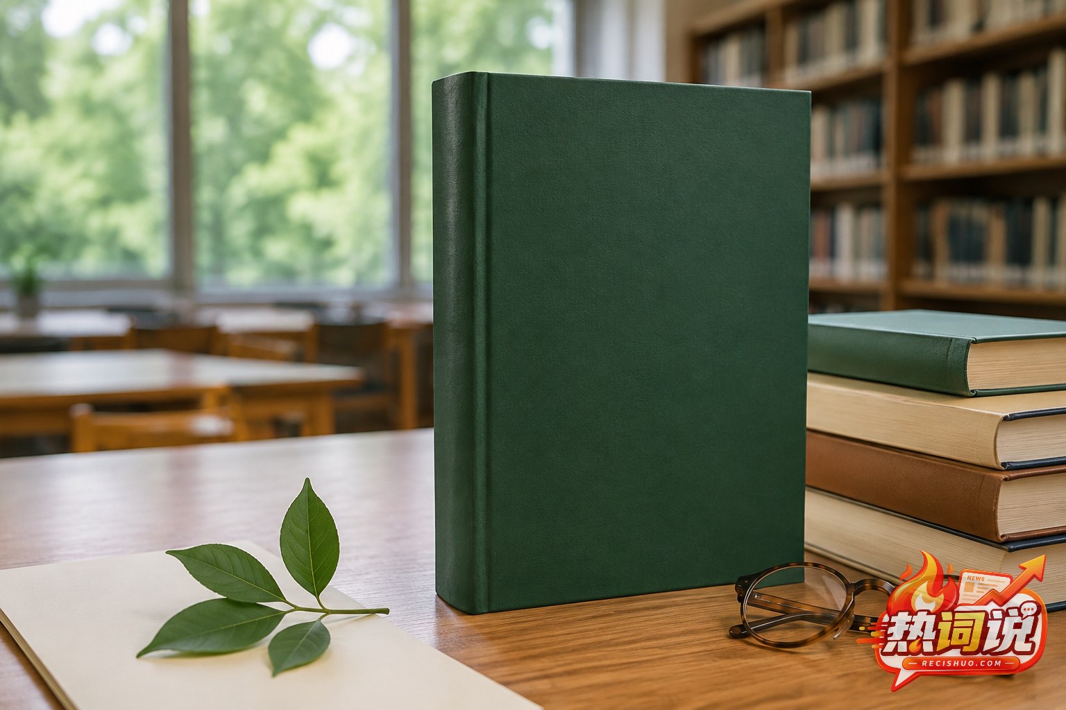 大学图书馆书桌上的绿色精装学术书籍与叶片