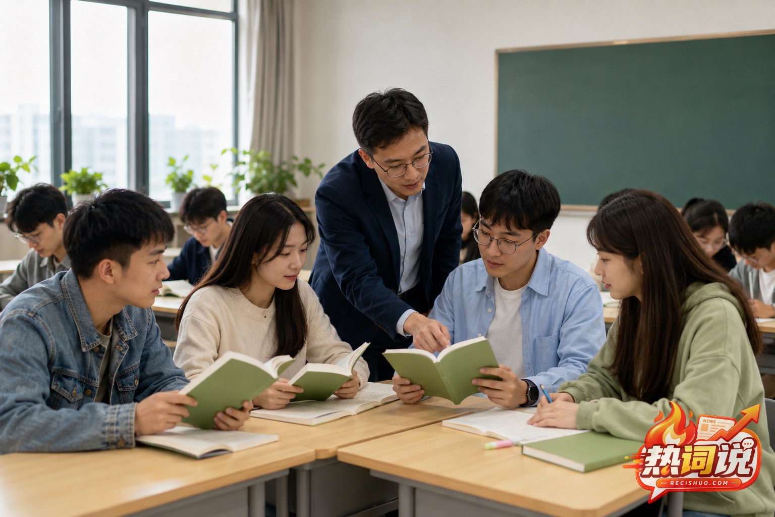 高校教师带领大学生在课堂研读绿色学术教材