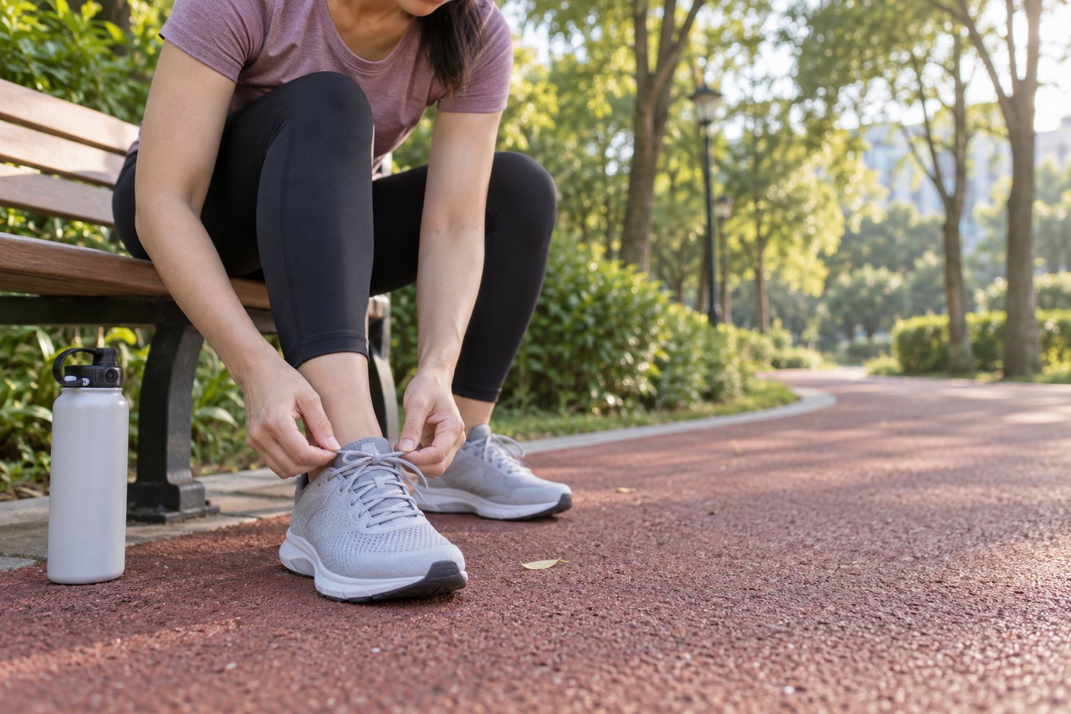 跑者在公园长椅旁系好鞋带准备开始慢跑