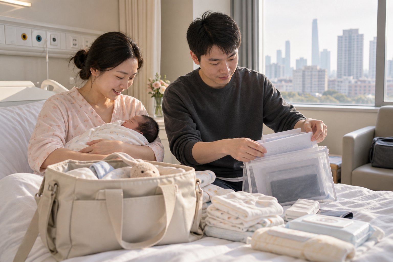 新生儿父母在医院病房整理出院用品和资料