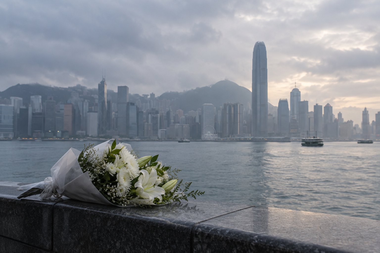 阴云下的香港维多利亚港天际线与栏杆旁的白色悼念花束