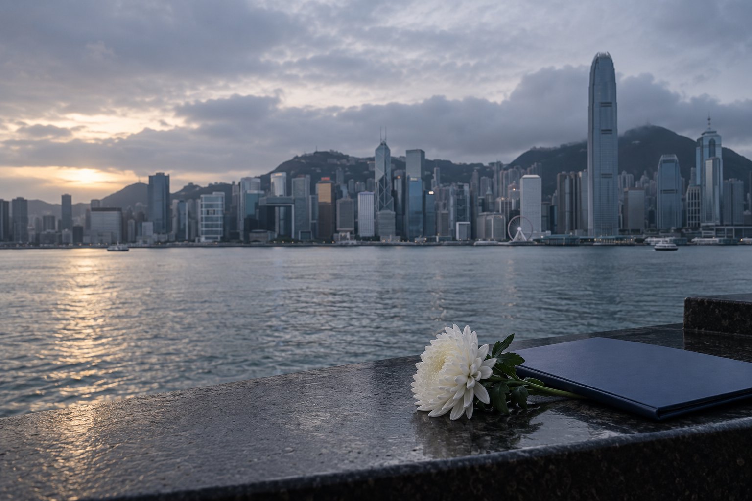暮色中的香港维多利亚港前摆放着白色鲜花和无字文件夹,画面庄重肃穆