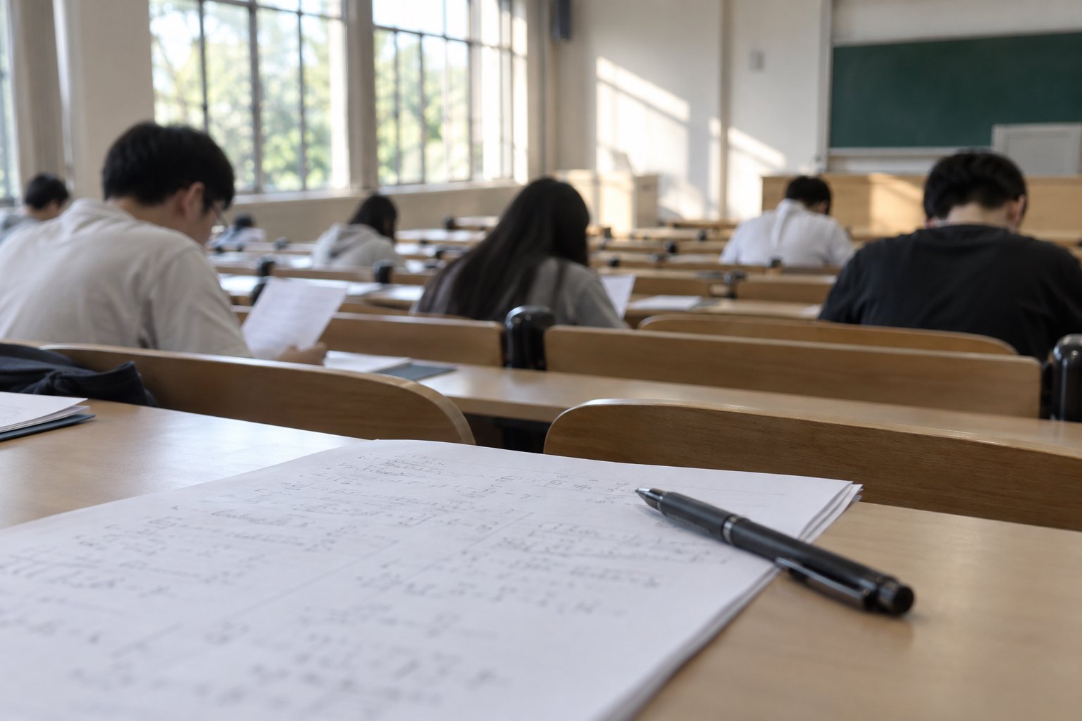 大学阶梯教室内的新生参加数学测试,前景放着答题纸和签字笔
