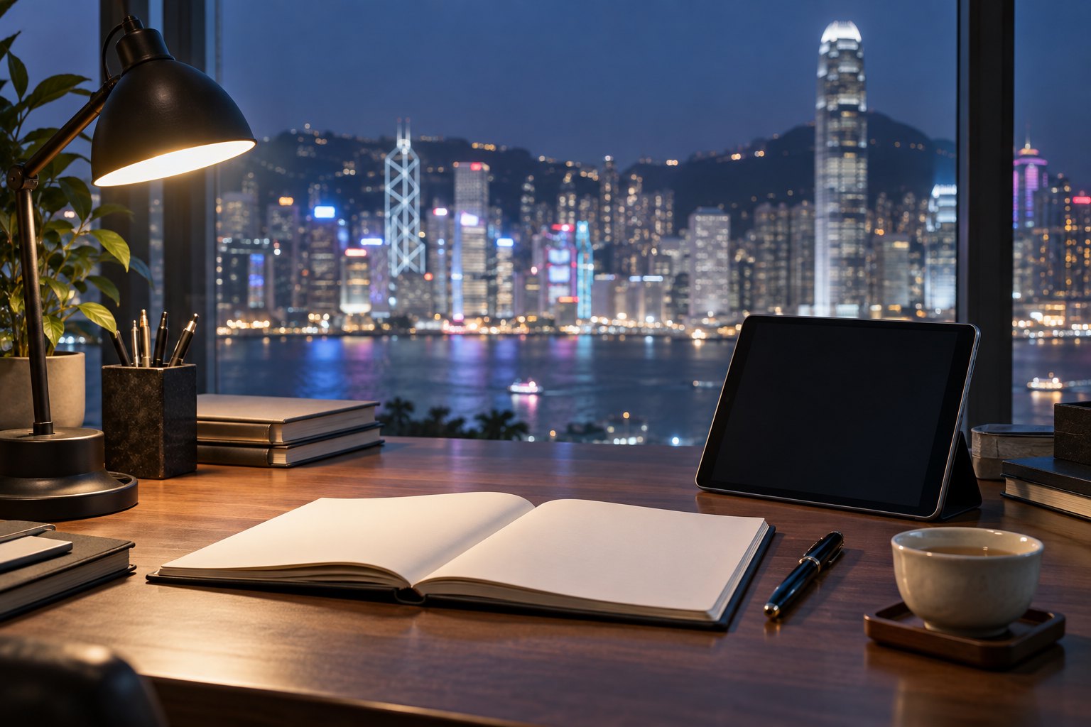 香港夜景窗前的编辑桌,空白笔记本与平板设备用于信息核验