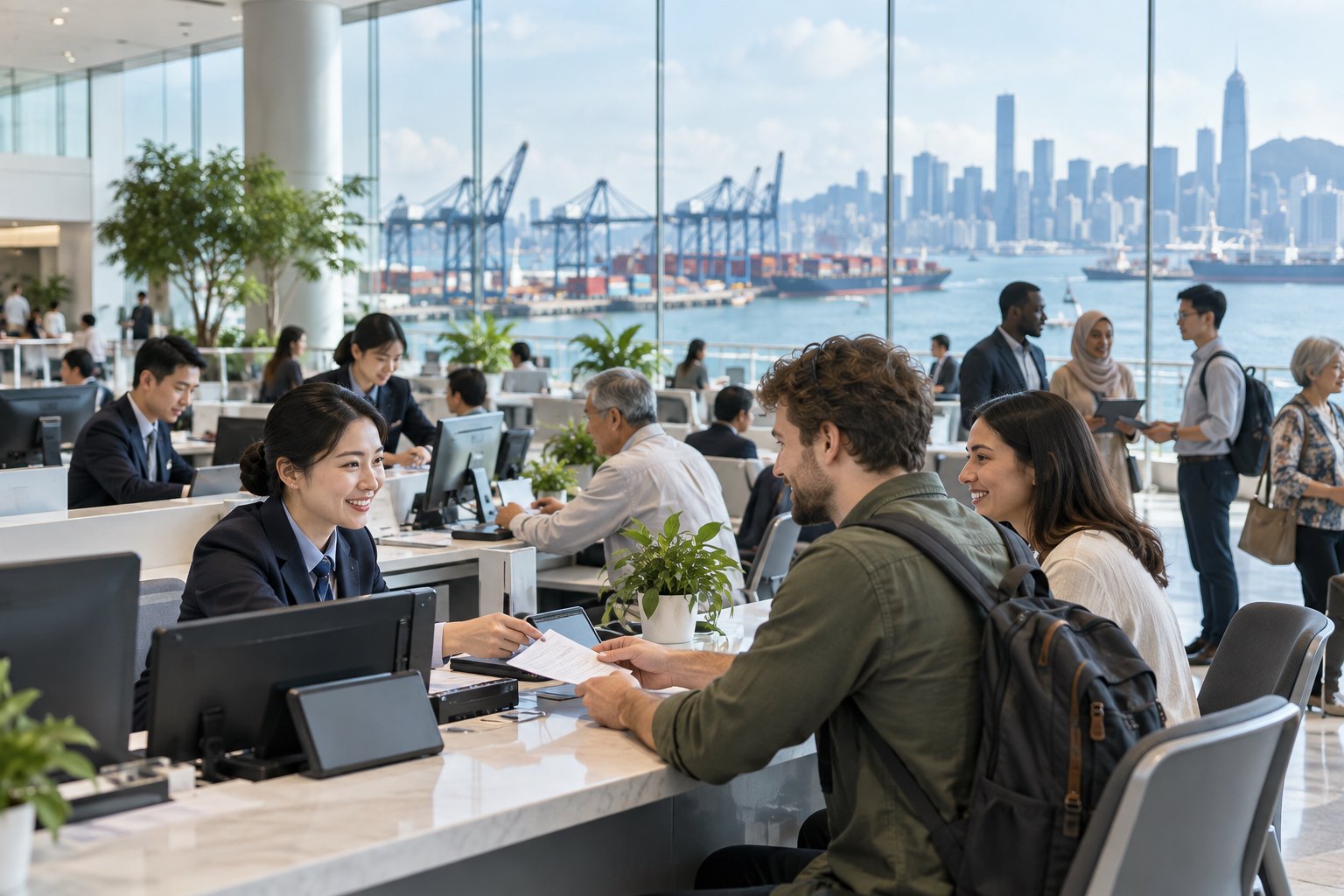 现代国际城市服务大厅内,不同背景的人们交流办事,窗外可见港口与城市天际线