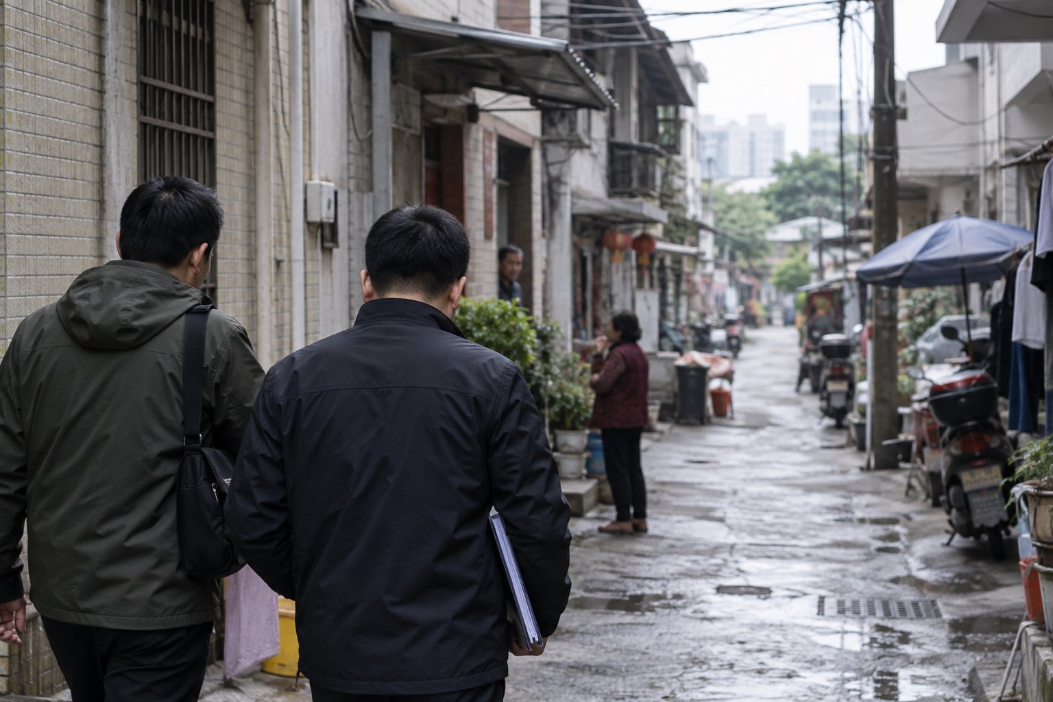 调查人员在中国南方城郊社区走访核实旧案线索的纪实场景
