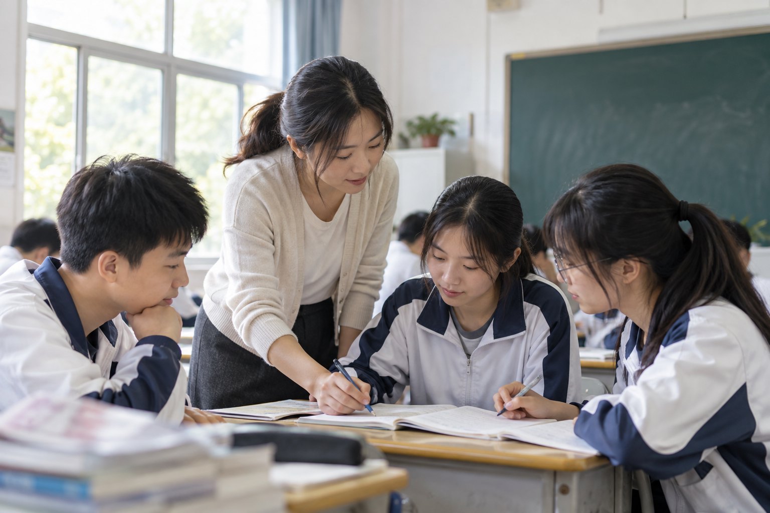 明亮教室里,一位中学教师俯身指导三名学生完成课堂学习任务