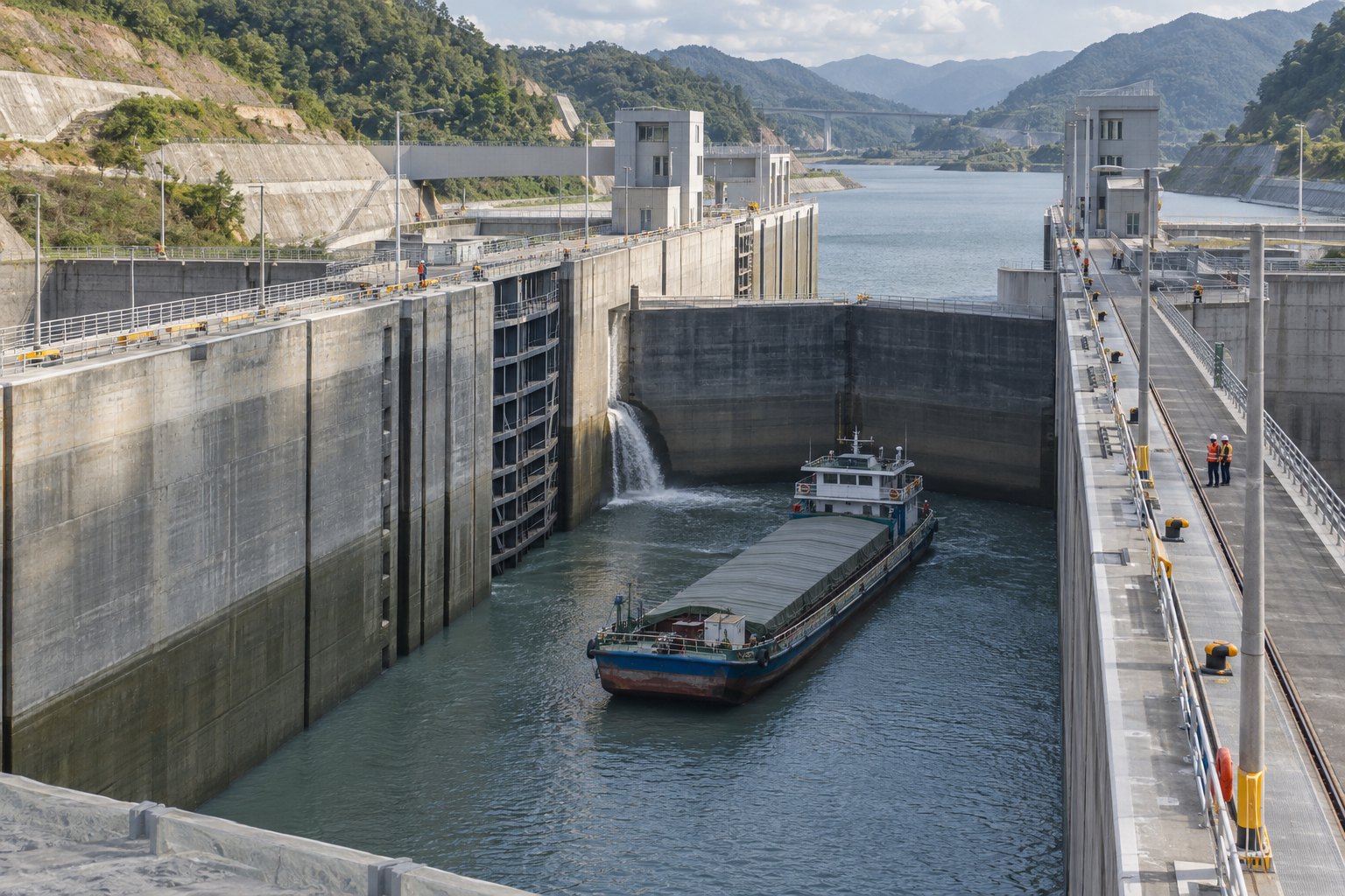 山地水道中大型船闸、闸室与内河货船的结构观察场景