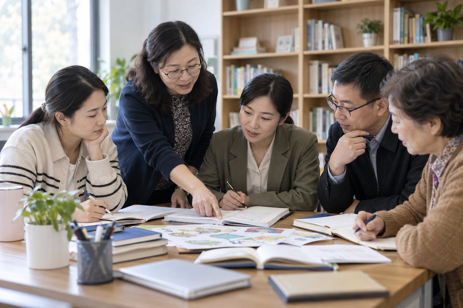 学校教研室内,不同年龄的教师围绕教案和学生作品开展集体研讨