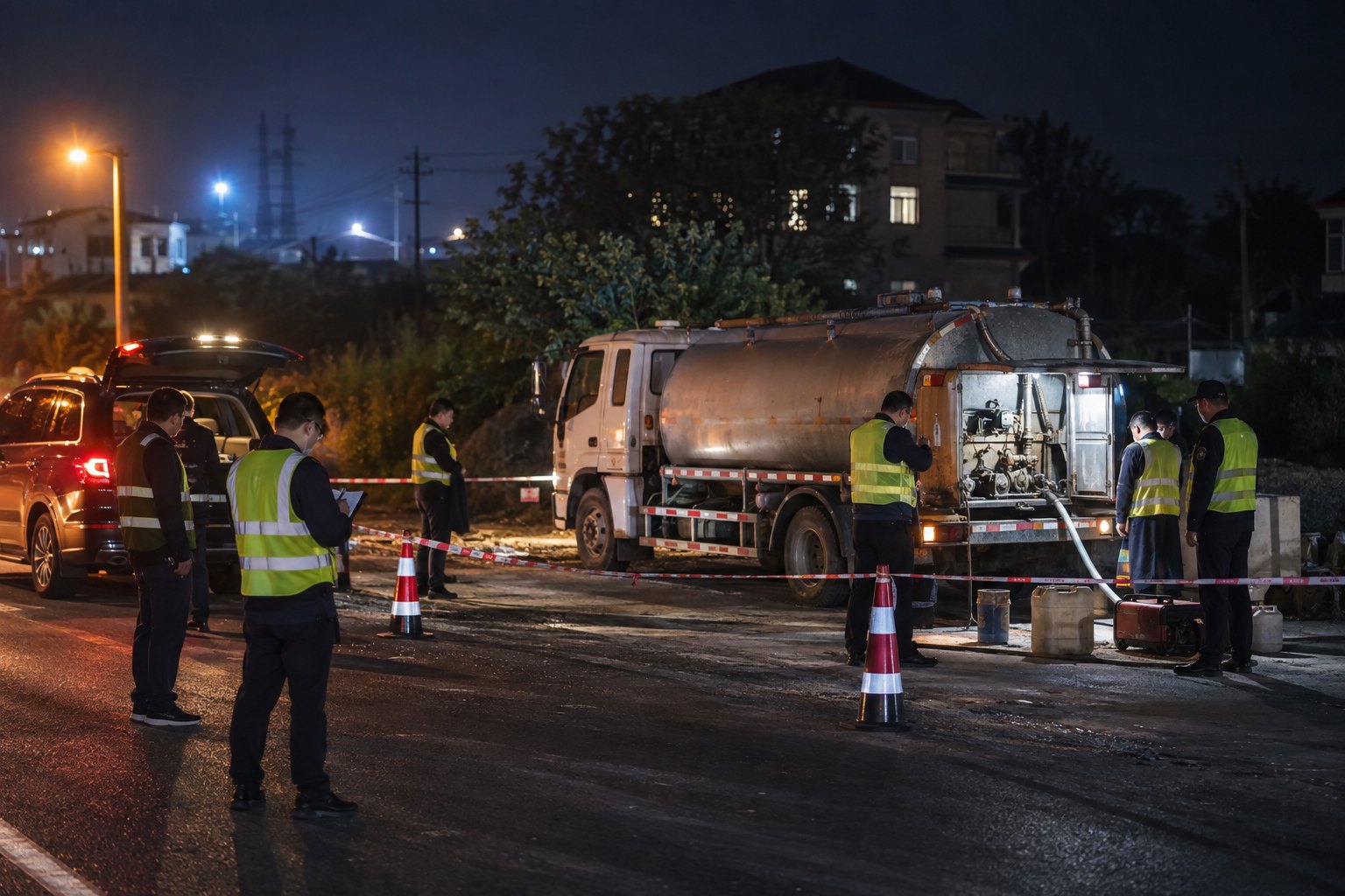 夜间道路旁多名工作人员对罐式车辆及相关设施进行现场核查
