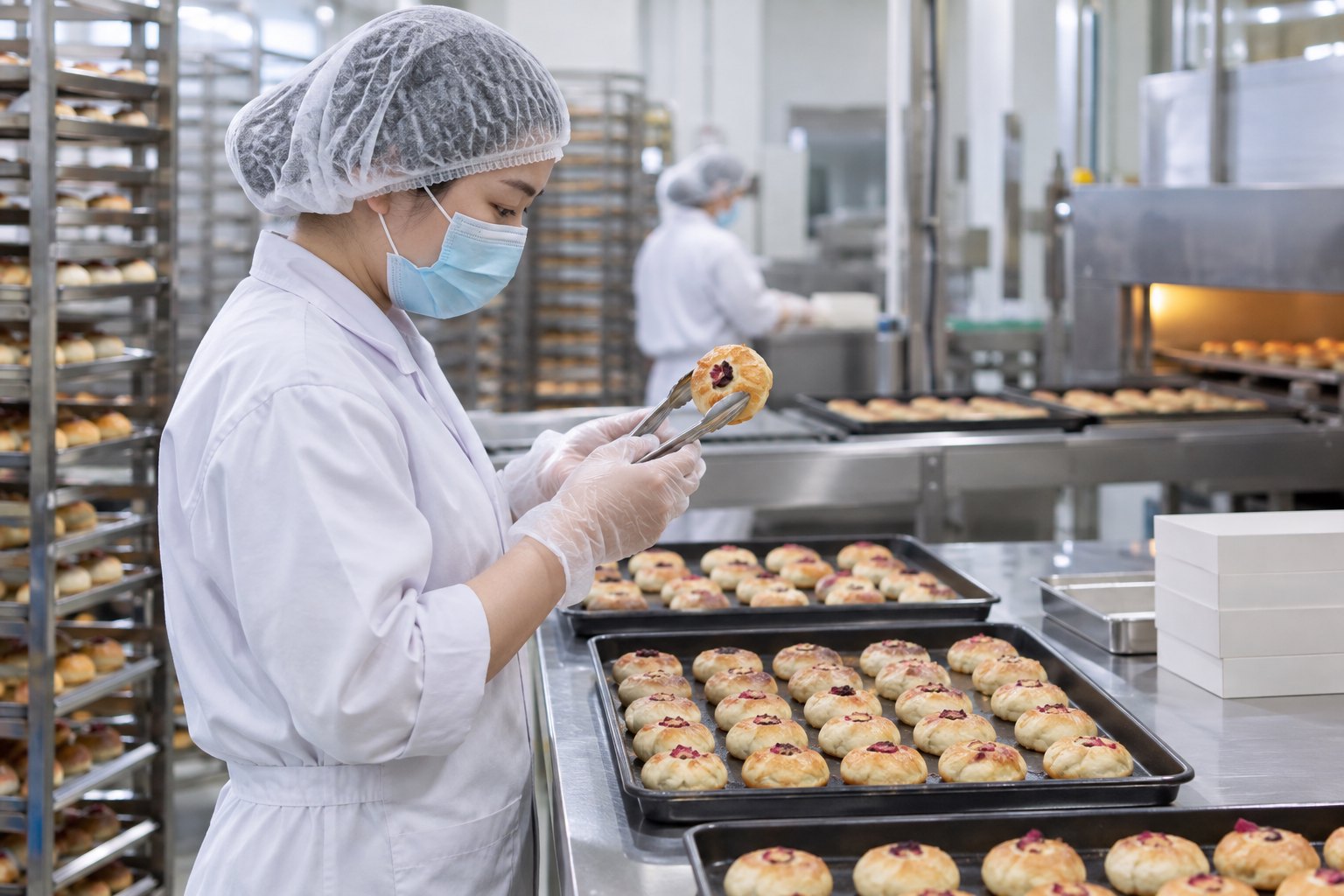 食品生产人员在整洁烘焙车间检查刚出炉的鲜花饼