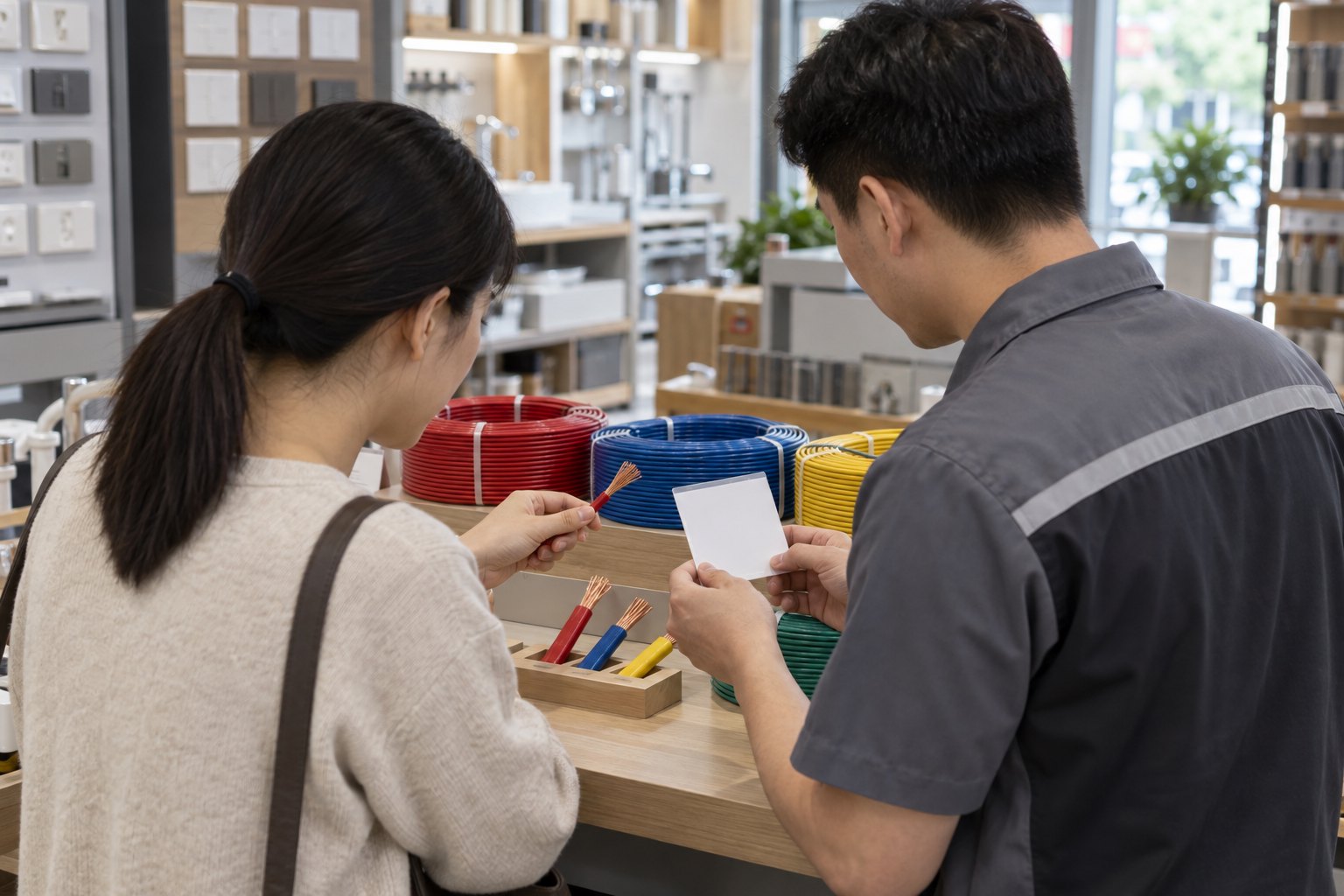 消费者在建材门店与店员查看电线铜芯和不同规格产品