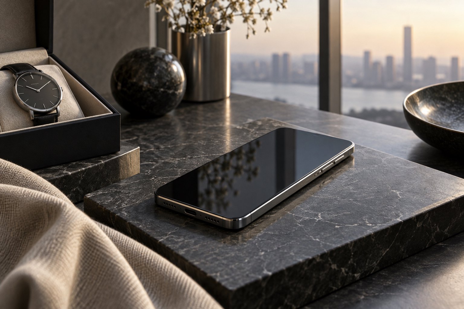深色石材展台上的无品牌高端手机与腕表陈列场景
