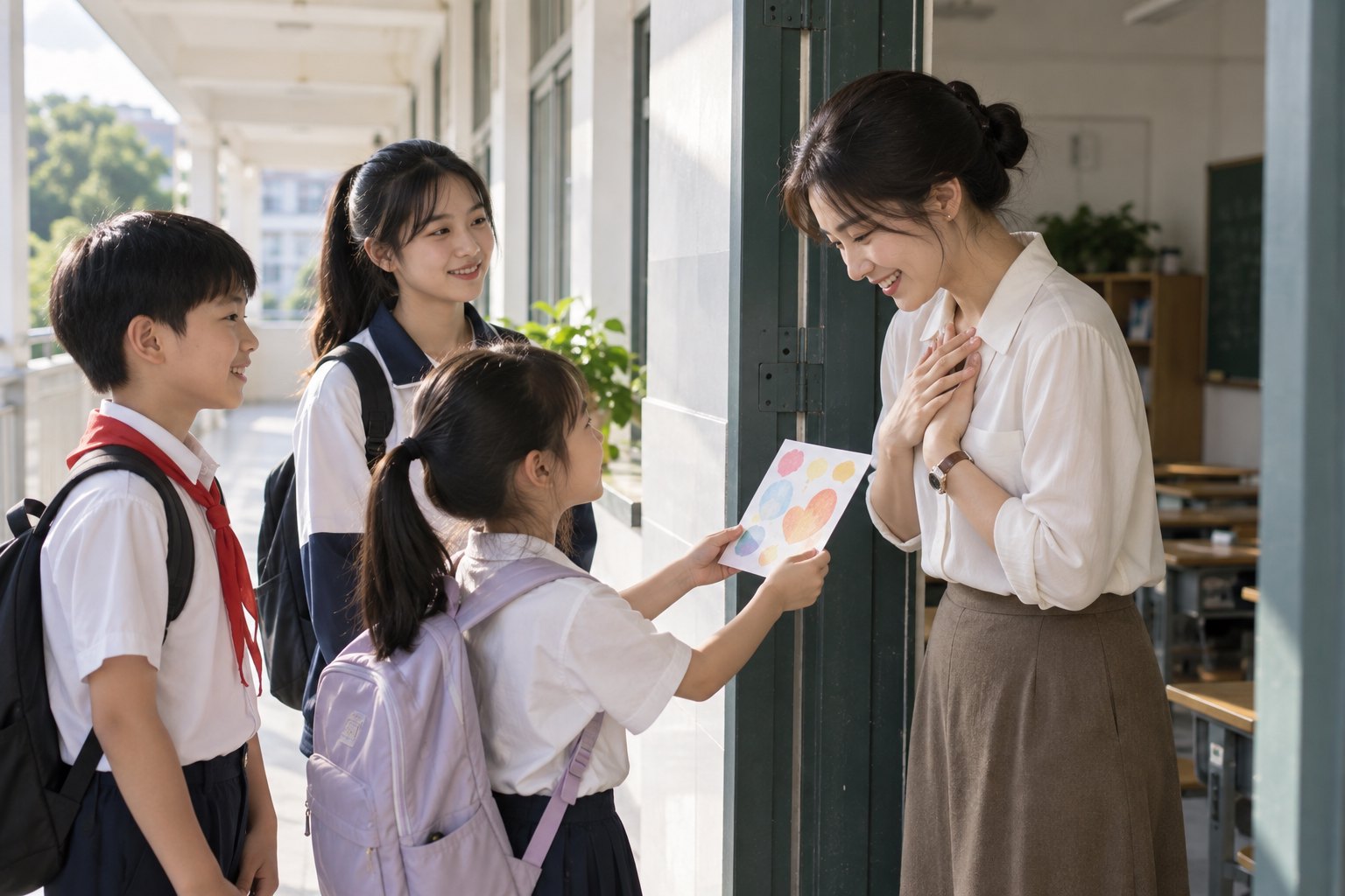 几名学生在教室门口向老师递上手绘卡片并真诚表达感谢