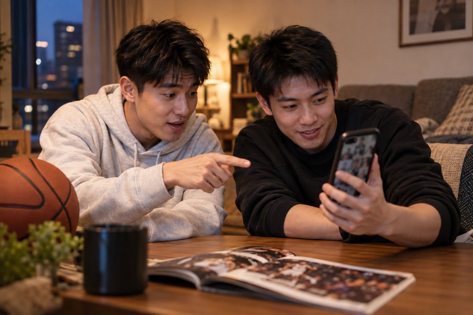 两名篮球爱好者在客厅一起查看手机内容