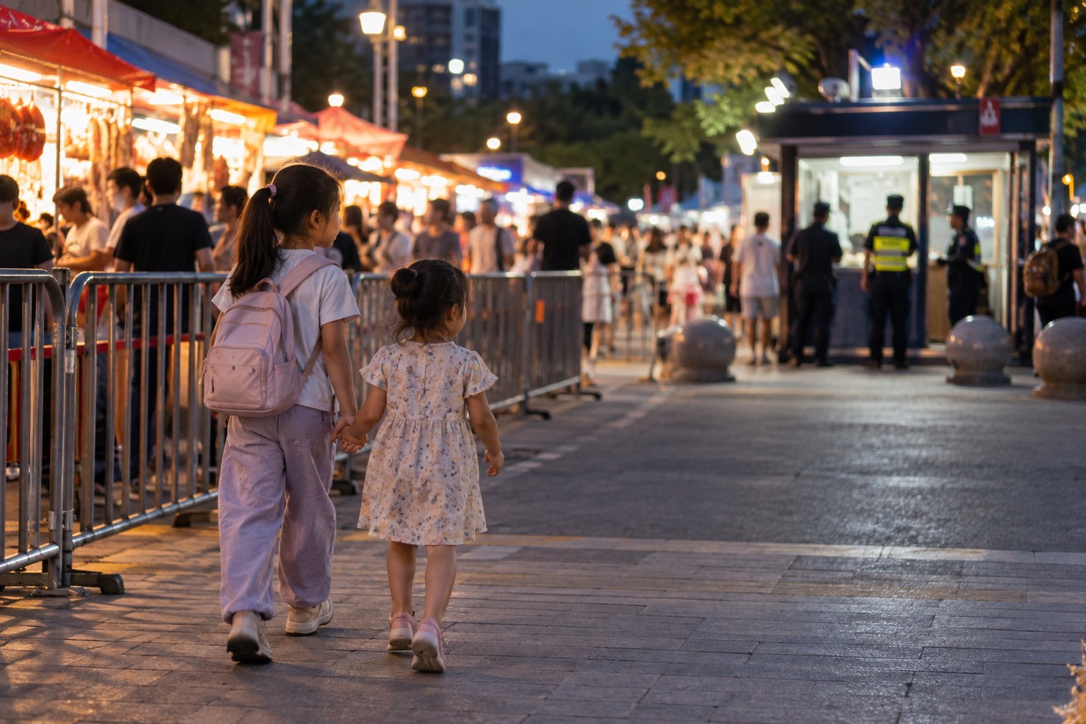 两名女孩牵手穿过夜市步行区寻找公共服务巡逻点