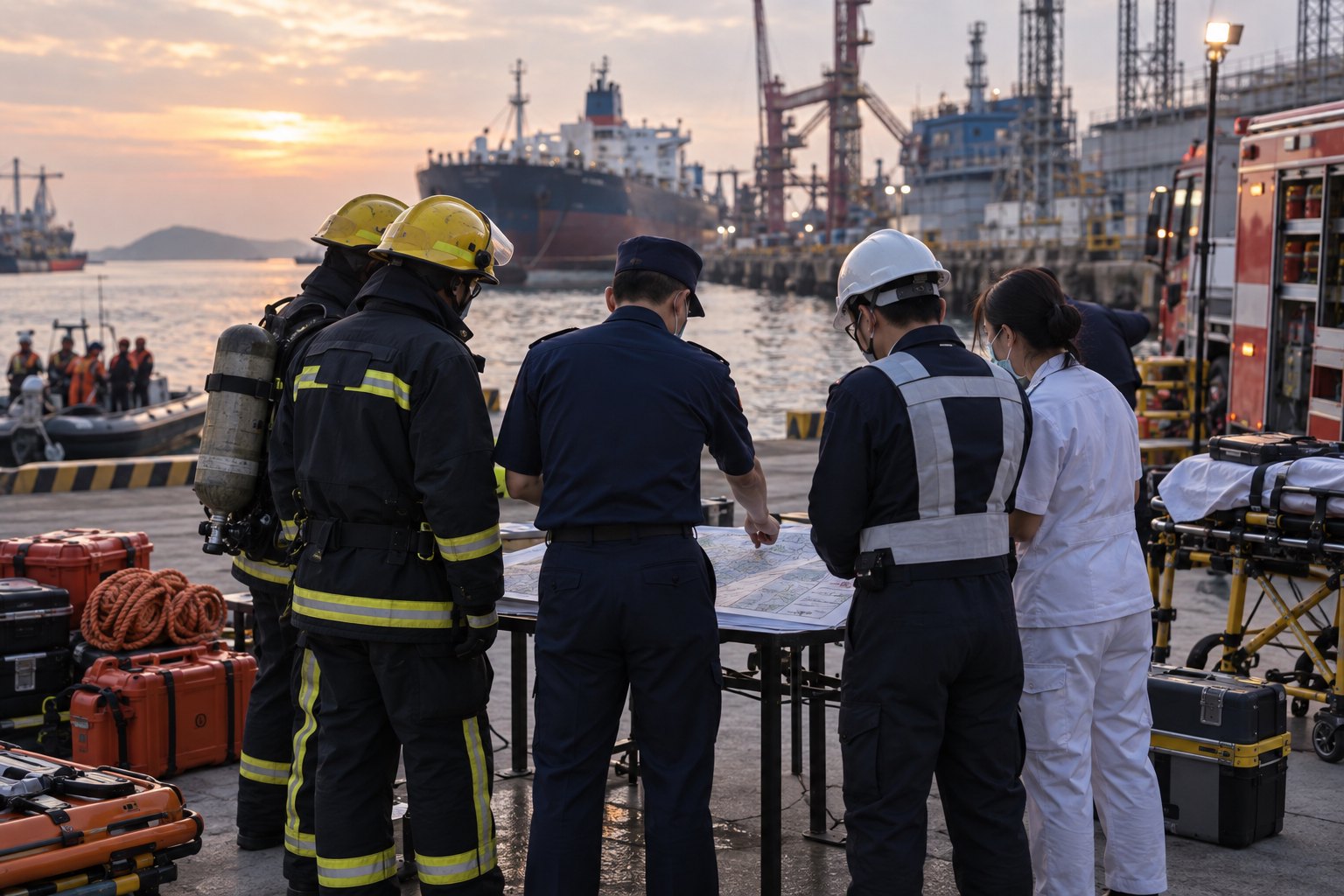 靠港货轮附近,消防、海事与医护人员在应急区域共同研判救援方案