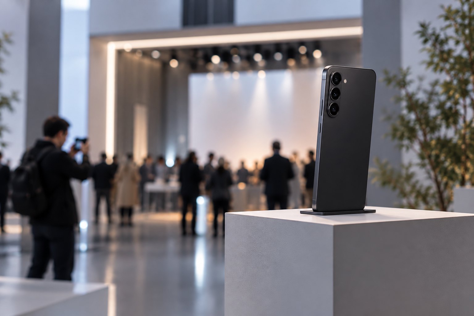 现代科技展厅内展示台上的无品牌高端智能手机与模糊观众