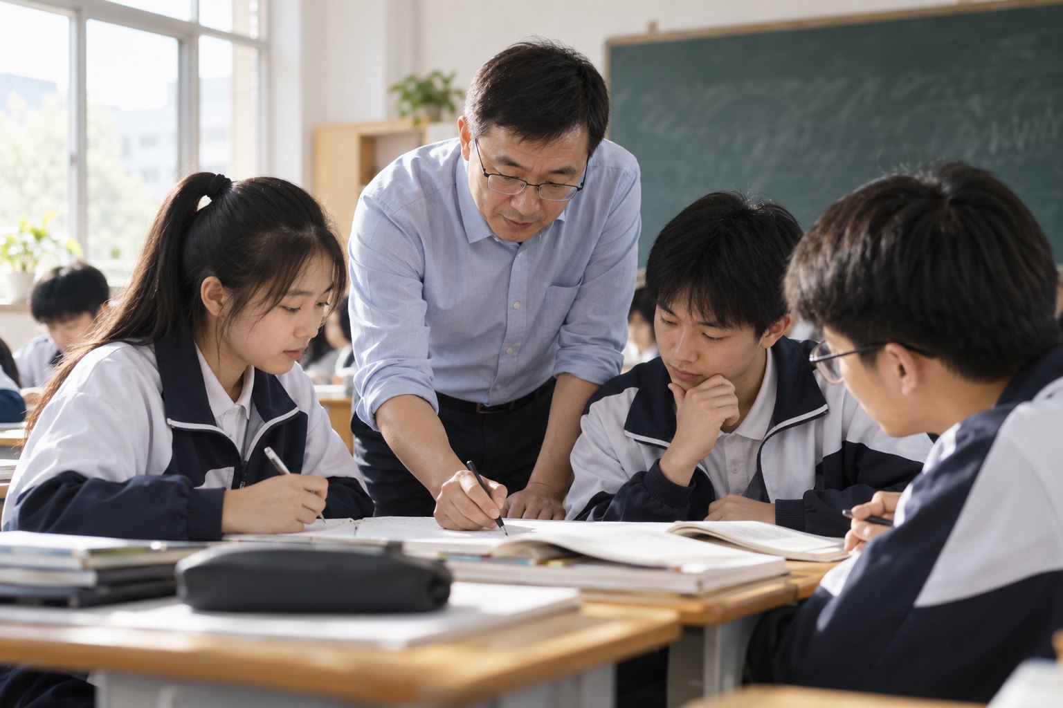 教师在明亮教室里俯身指导中学生学习