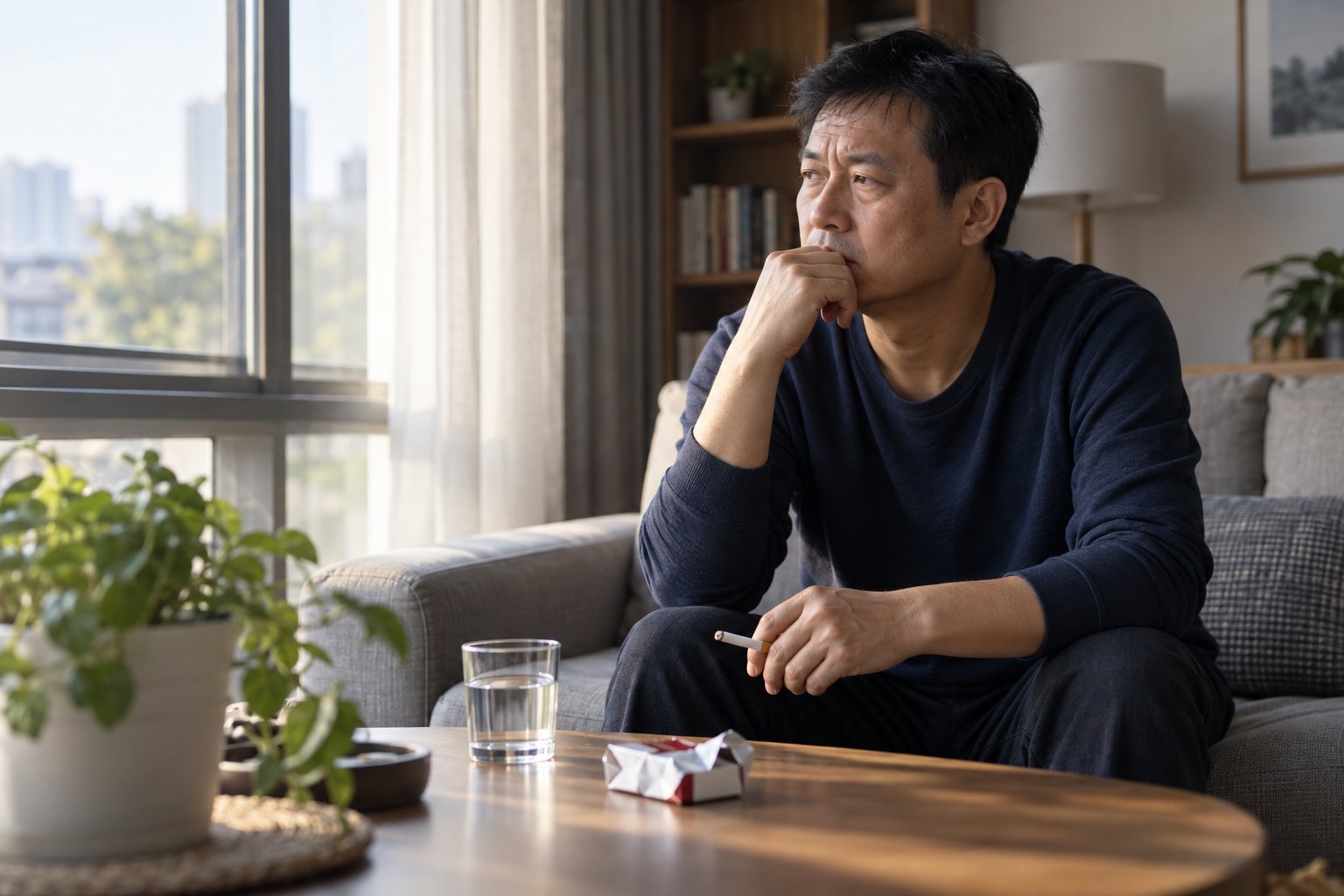 一名中年男子坐在家中窗边,手持未点燃的香烟沉思