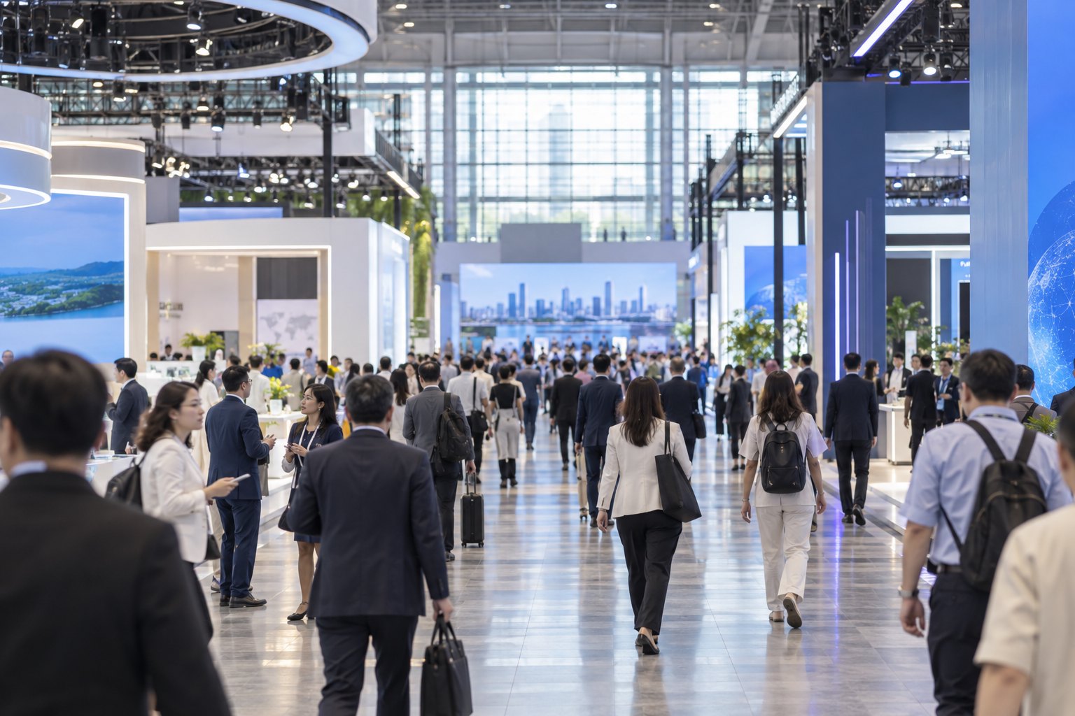 现代大型服务贸易展会大厅内参观者有序交流的纪实场景