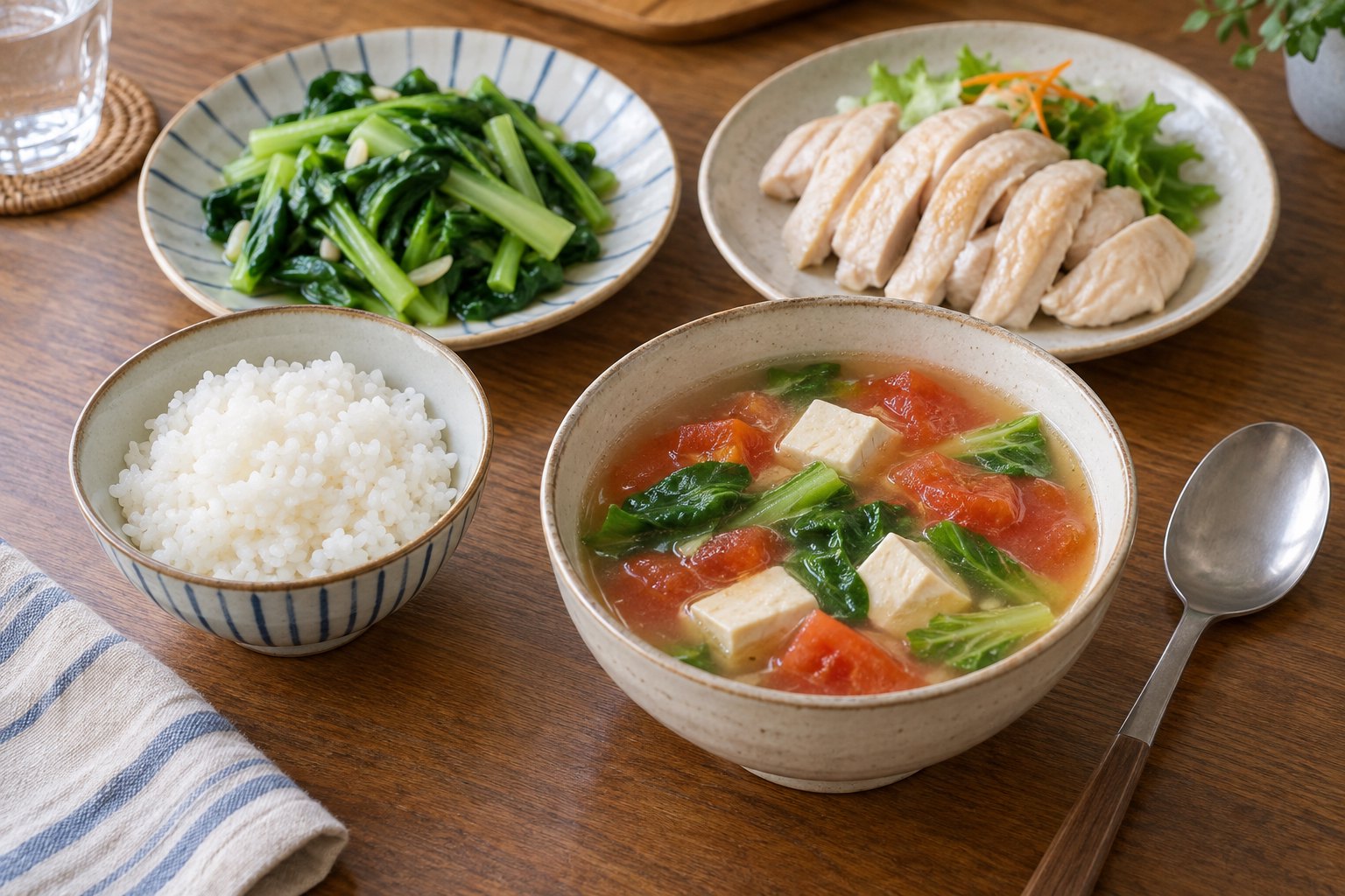 番茄豆腐蔬菜汤搭配米饭、绿叶菜和去皮鸡肉组成的一餐