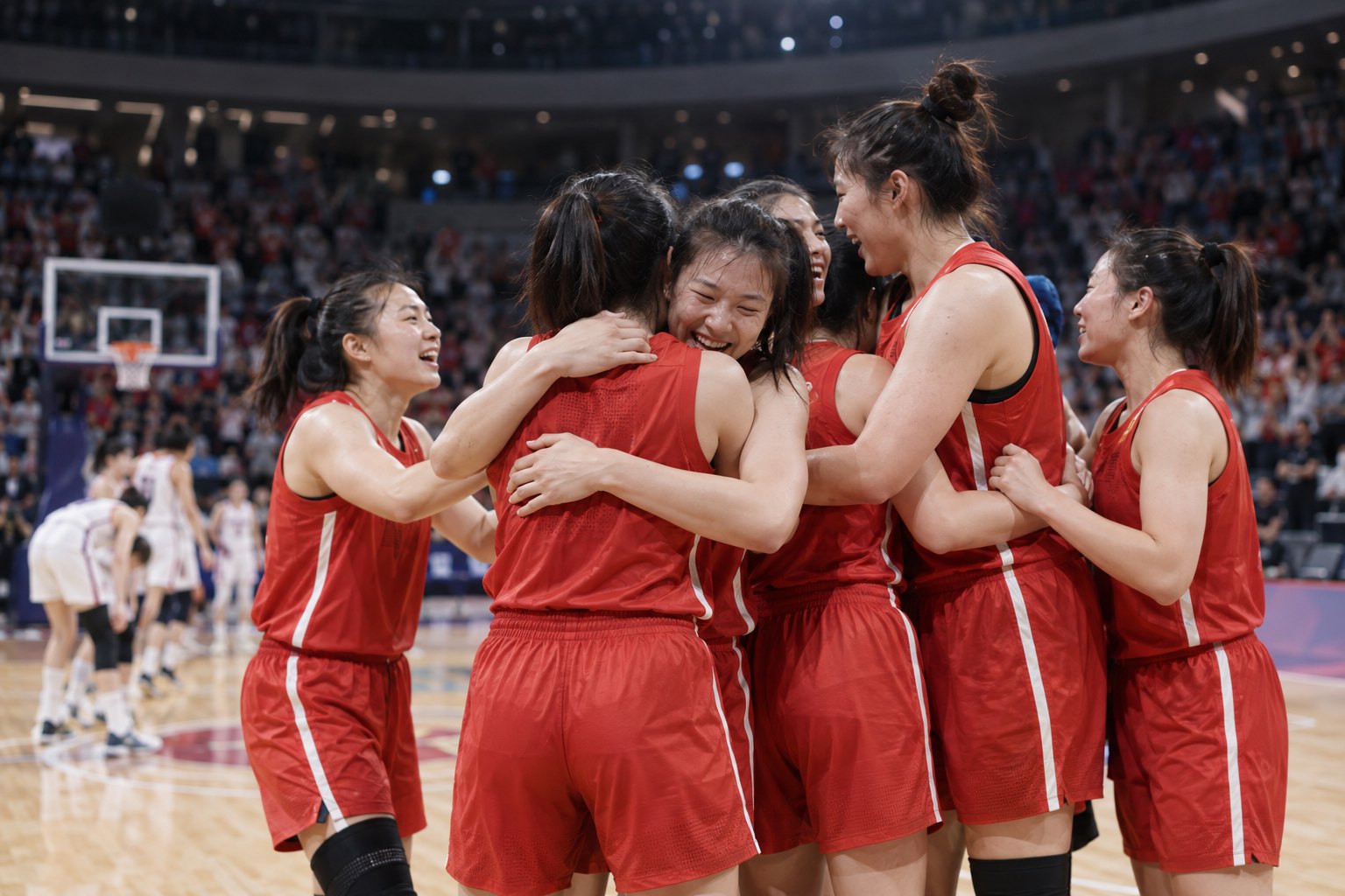 红衣女子篮球运动员在比赛结束后相互拥抱庆祝胜利
