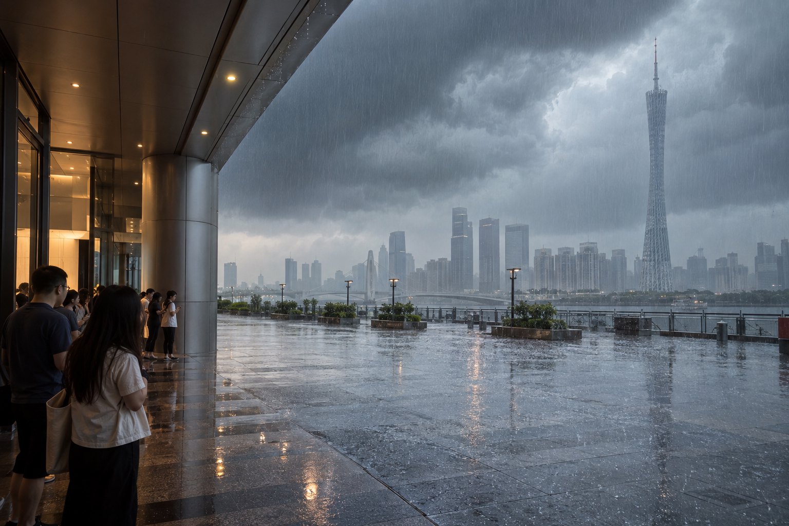 广州雷雨天气中市民在坚固建筑内避雨,远处可见广州塔