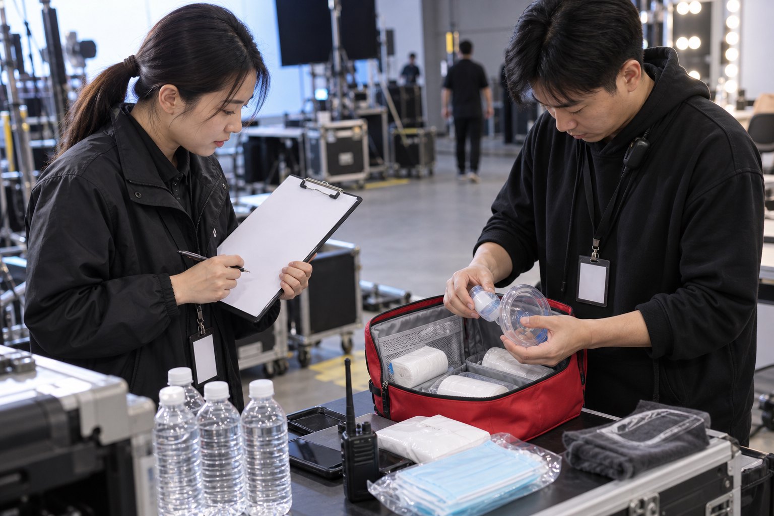 摄影棚工作人员检查急救包和应急物品