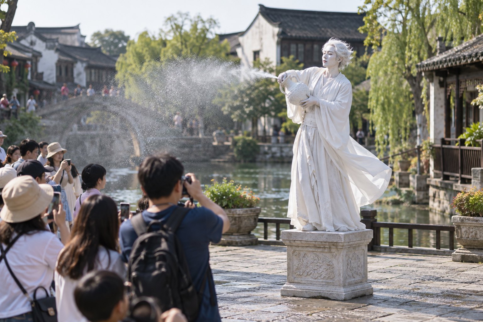 水乡景区内白衣活体雕塑演员进行喷水表演的示意画面