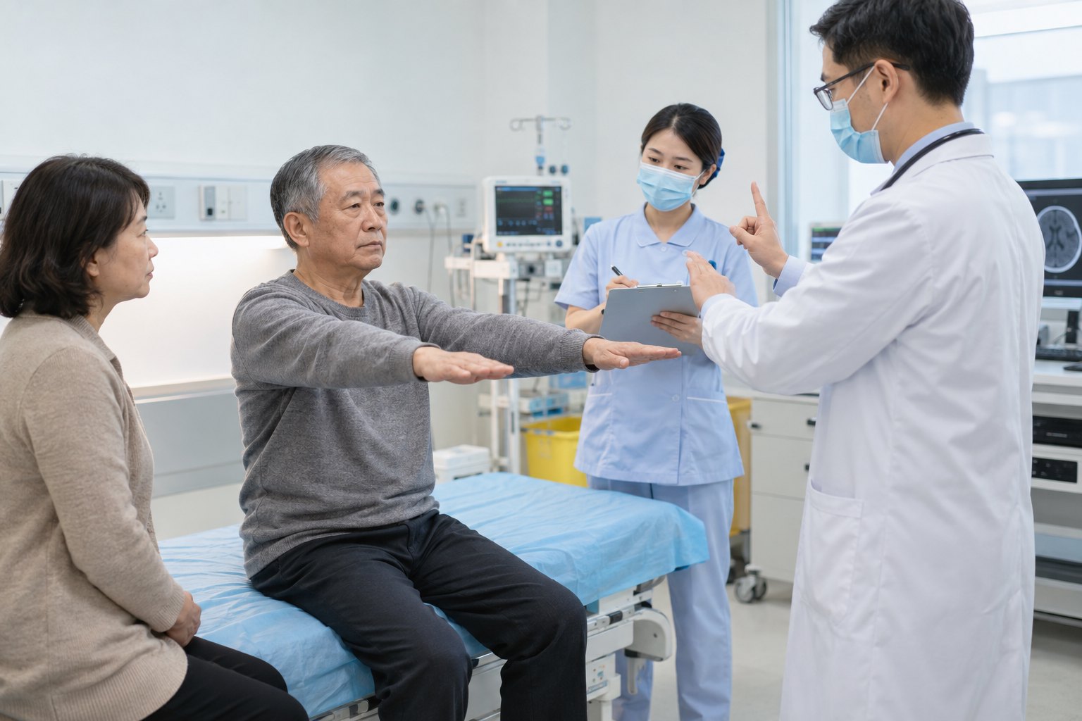 医生为疑似脑卒中患者检查手臂活动情况,护士在旁记录