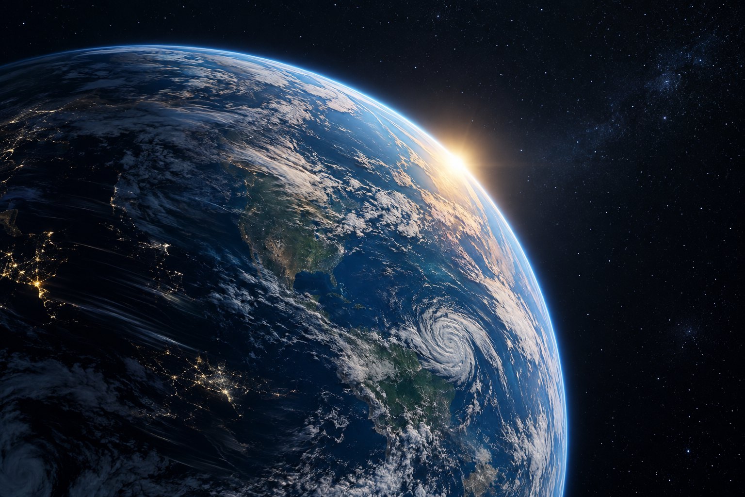 晨光照亮太空中的地球,呈现地球自转与一天长度变化的科学主题