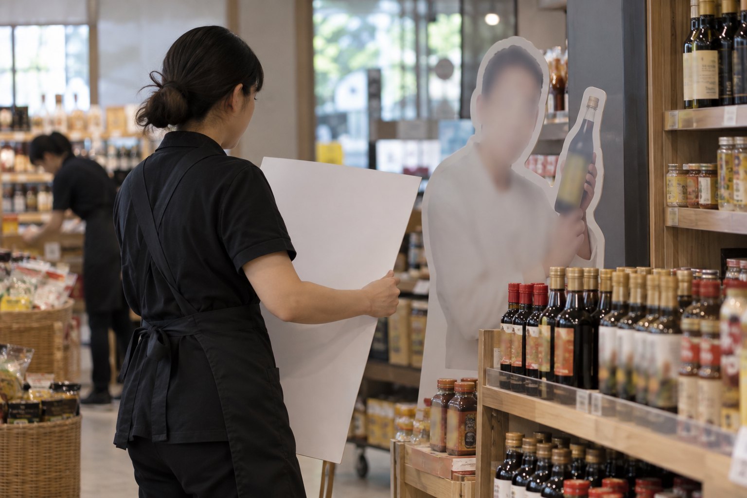 调味品商店工作人员准备撤换一块模糊人物宣传立牌