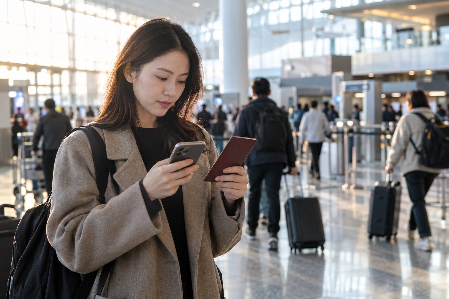 旅客在国际机场出发大厅手持护照并用手机核对出境信息