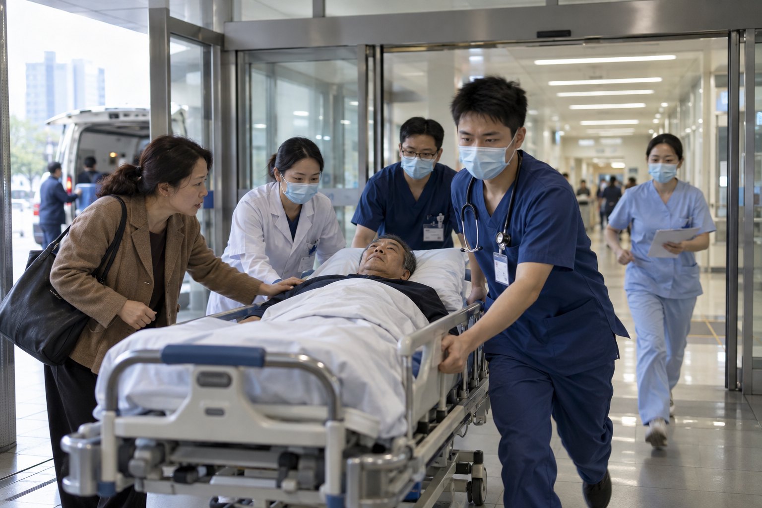 医护人员在医院急诊入口迅速转运疑似脑卒中患者,家属陪同在旁