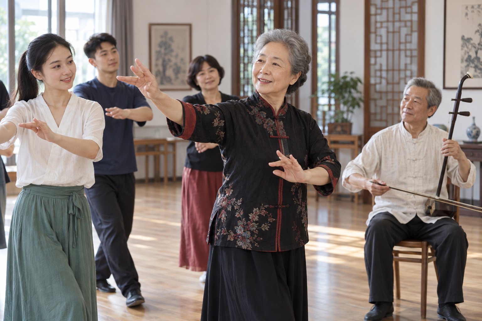 社区文化课堂上不同年龄的居民跟随老师学习舞蹈动作,旁边有人演奏二胡