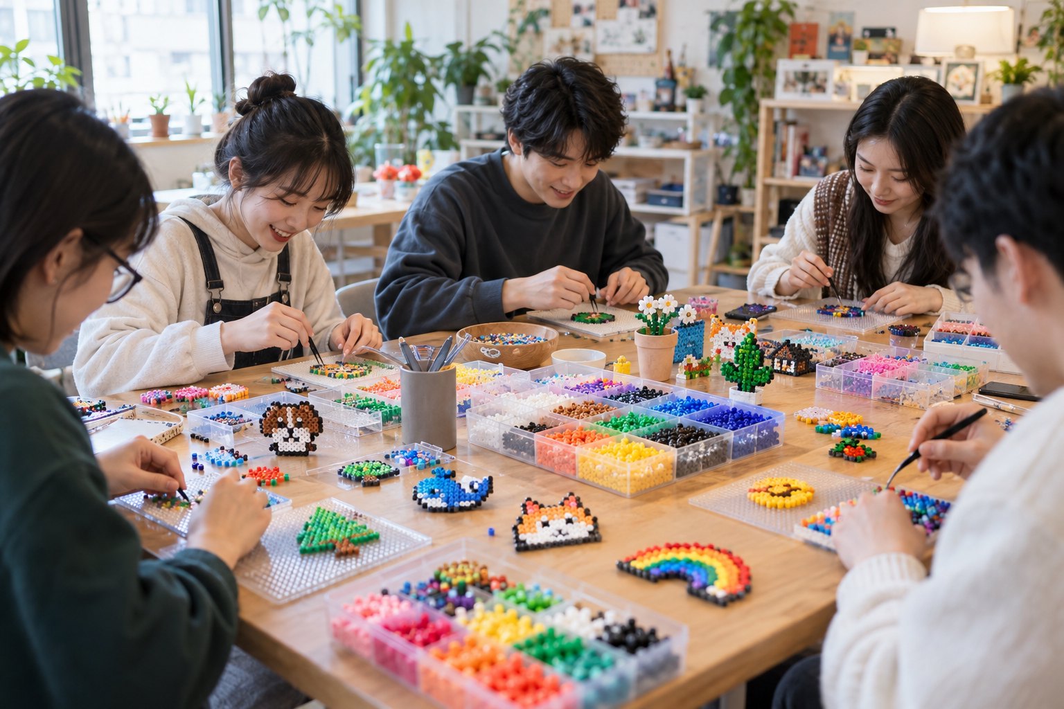 年轻手工爱好者在明亮工作室围桌制作彩色拼豆作品