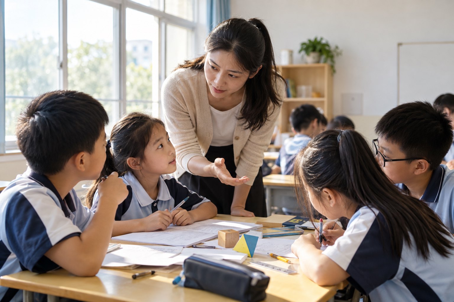 小学课堂上,教师俯身倾听学生小组讨论并给予引导