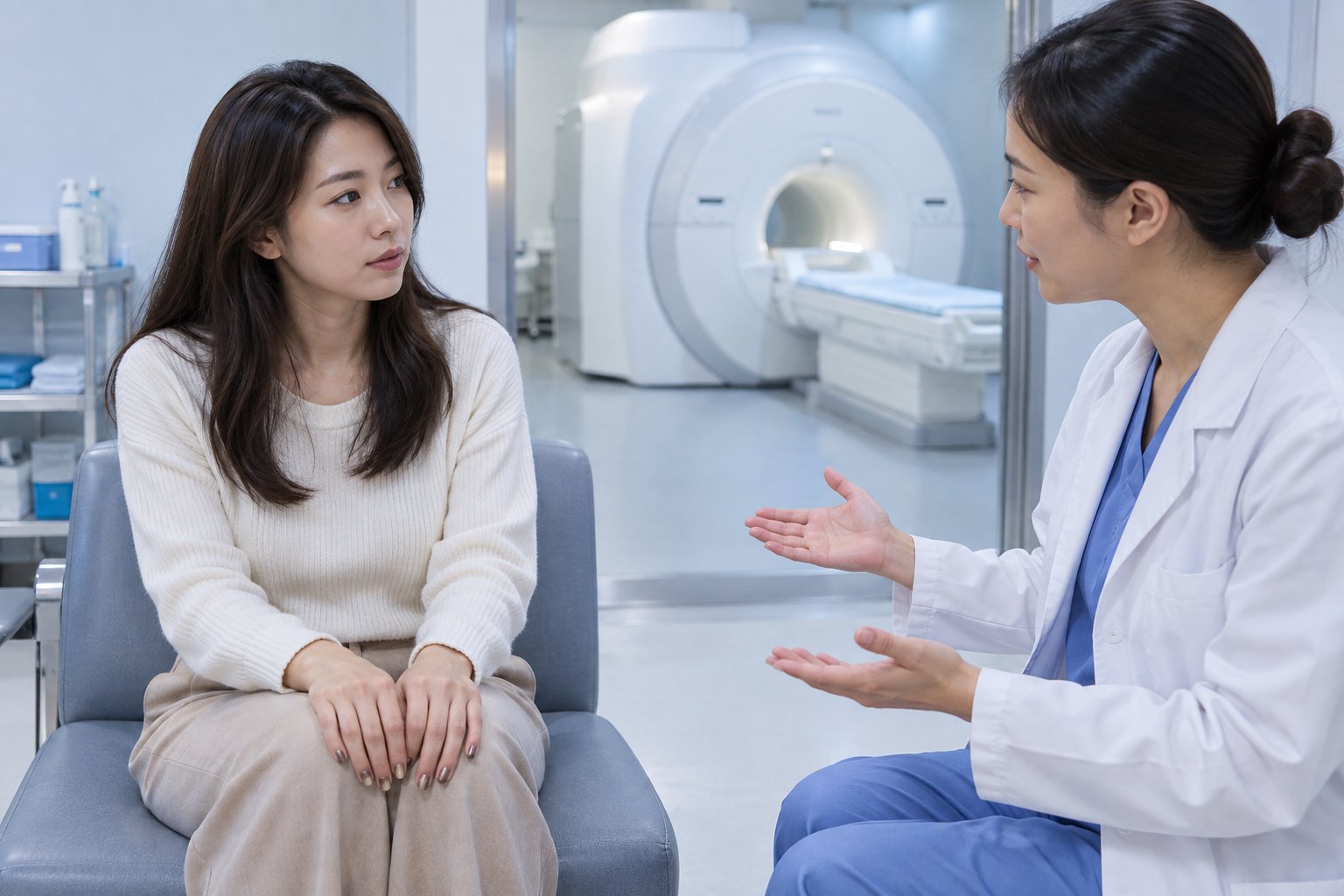 女性在磁共振检查室外向放射科医务人员说明美甲情况