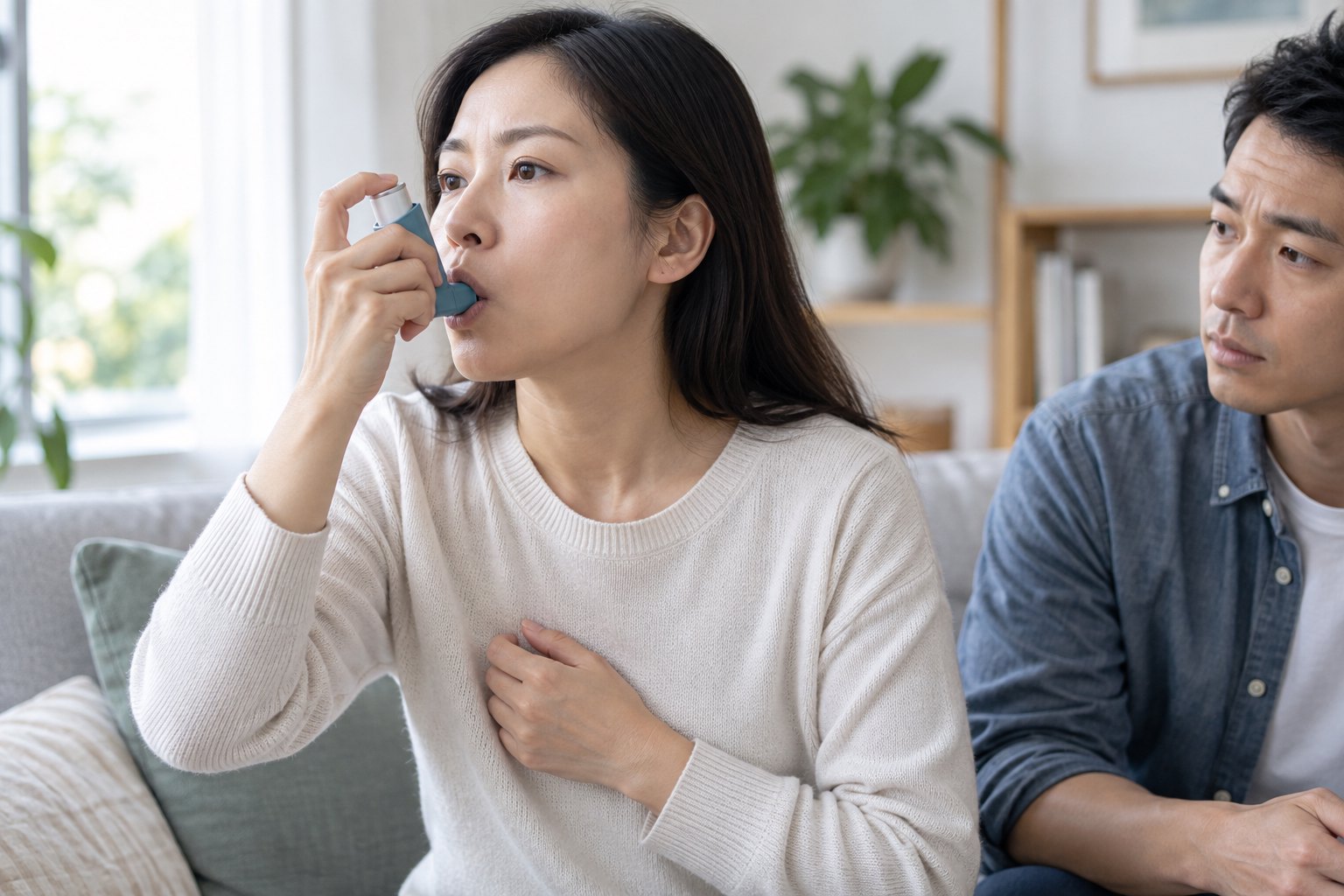 一名成年女性端坐使用无品牌吸入器,陪同者在旁观察