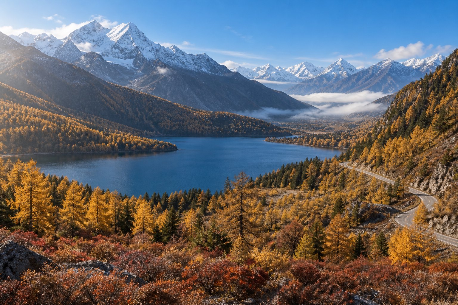 雪山、蓝色湖泊与金黄树林相互映衬的川西高原秋日全景