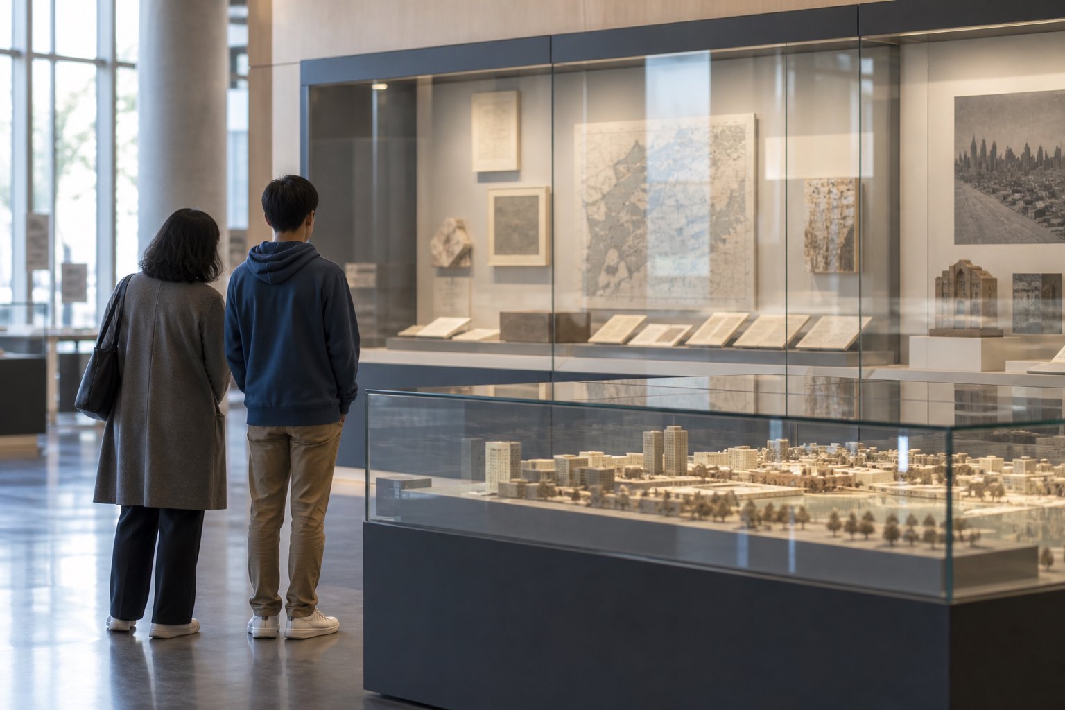 成年人陪伴青年在公共展馆内观看历史档案与城市模型