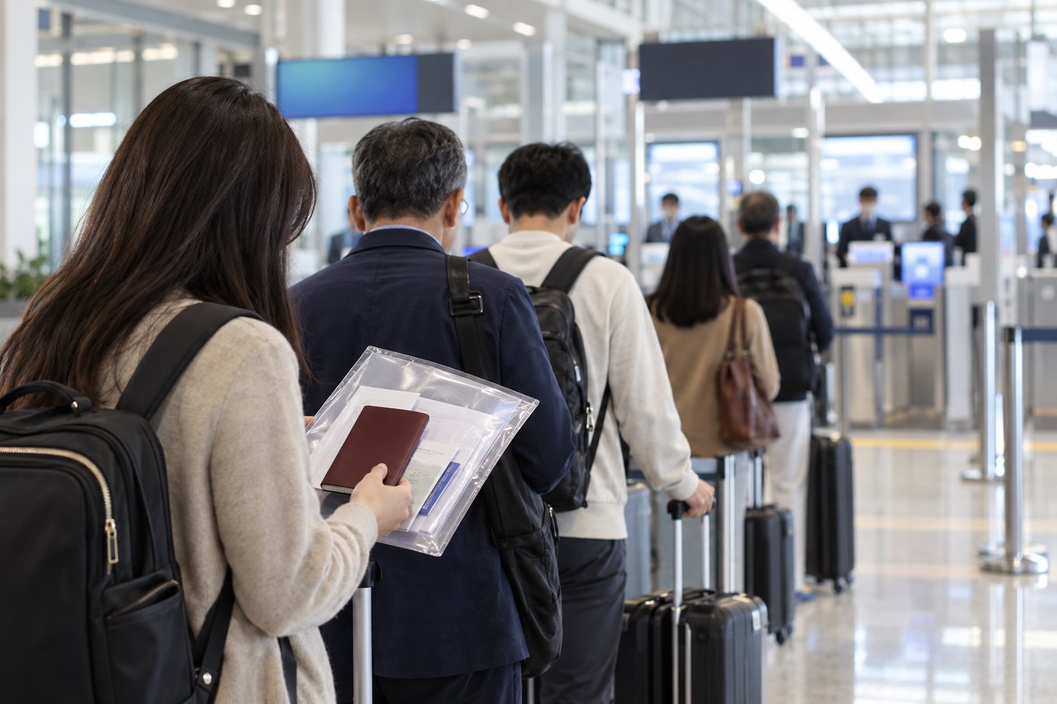 旅客在机场出境查验区域前有序排队并检查证件材料