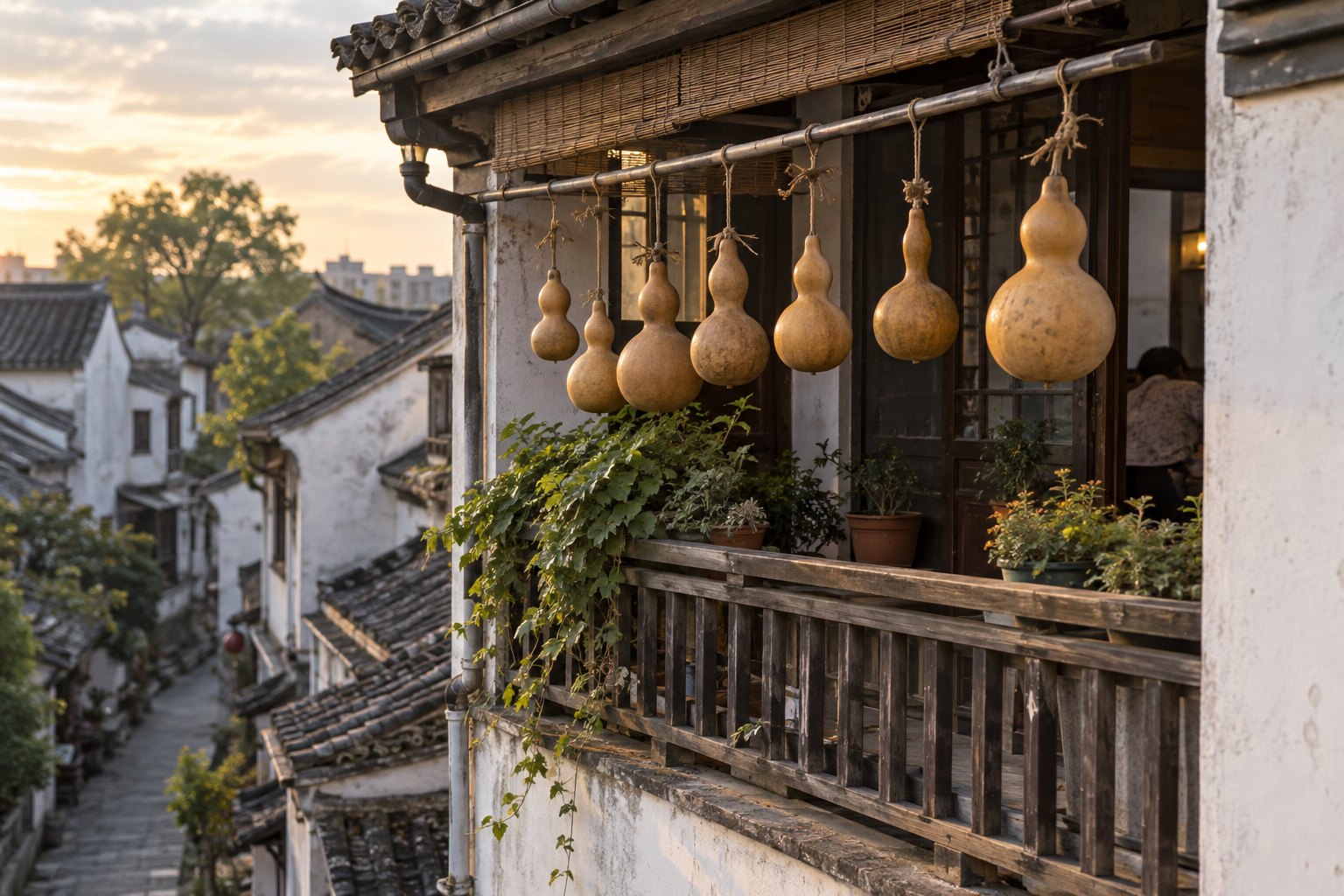 夕阳下江南老街民居阳台悬挂着多只葫芦的生活场景