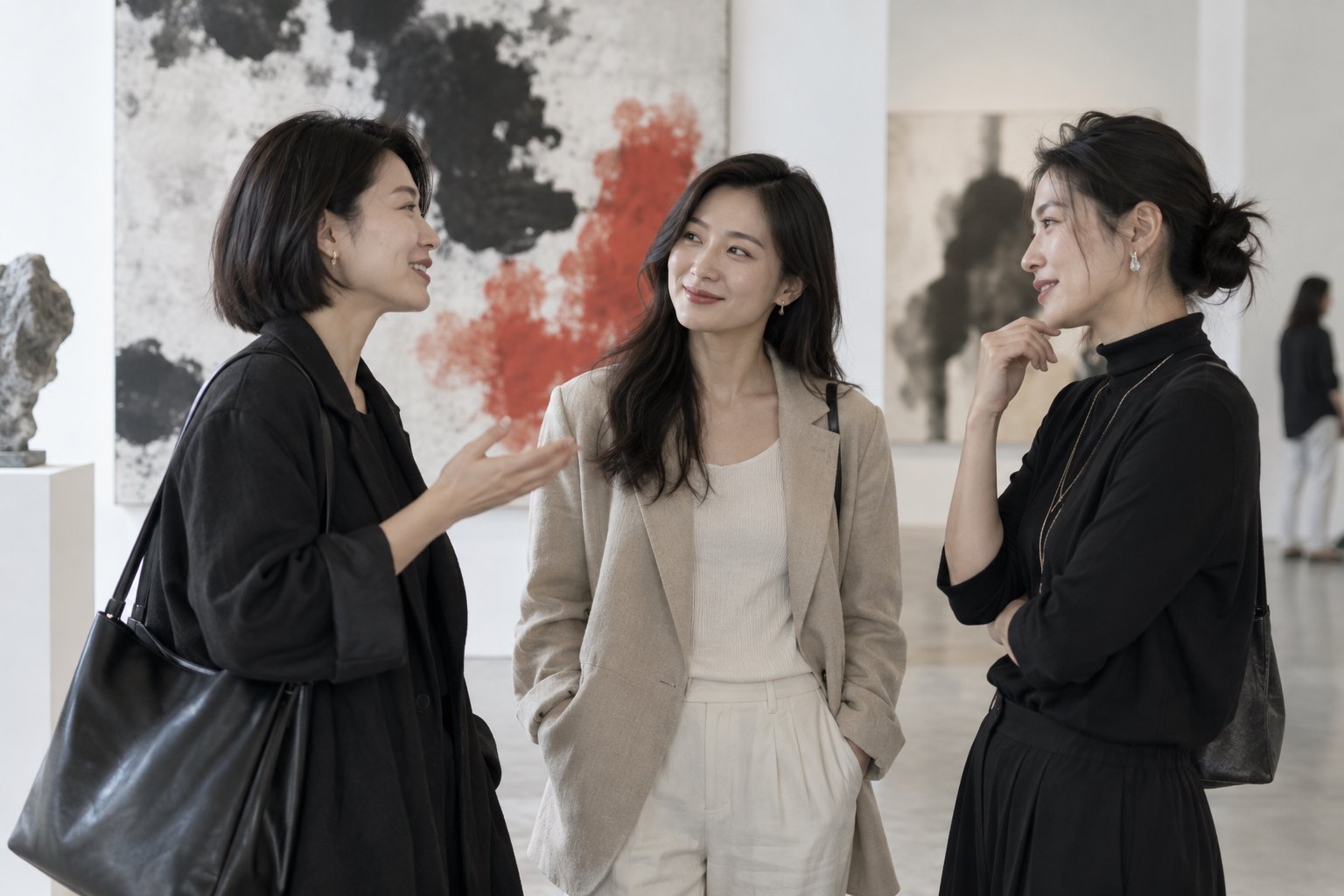 三位不同脸型的中国女性在艺术空间自然交流