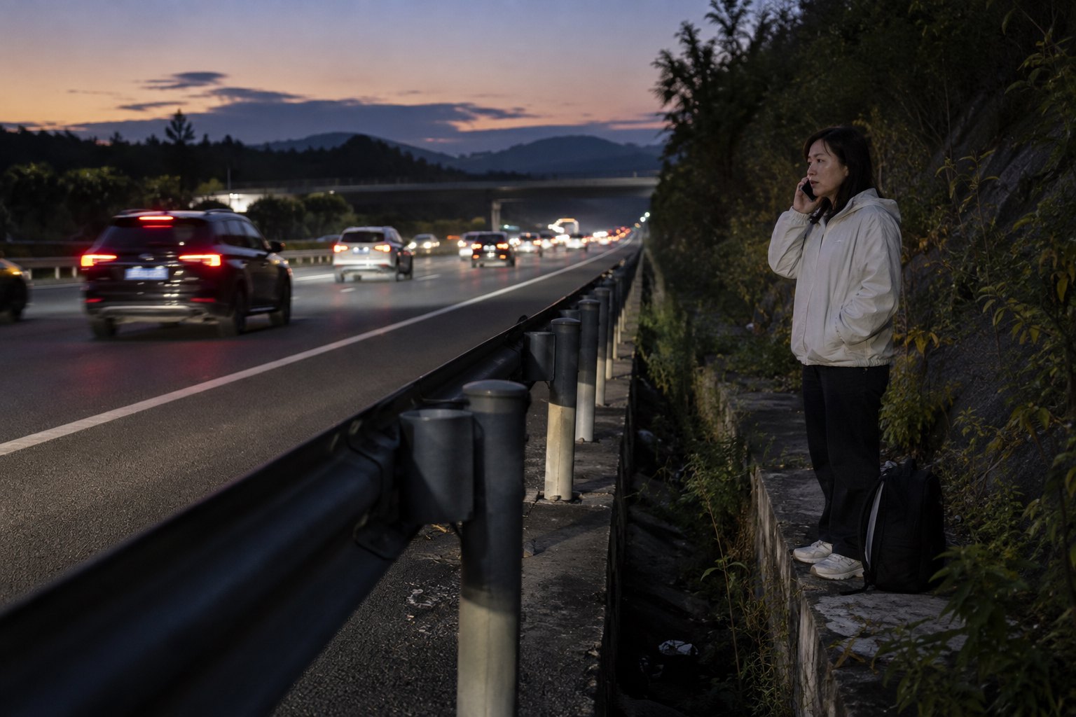 傍晚车流经过时,一名女子在高速公路护栏外的安全区域打电话求助
