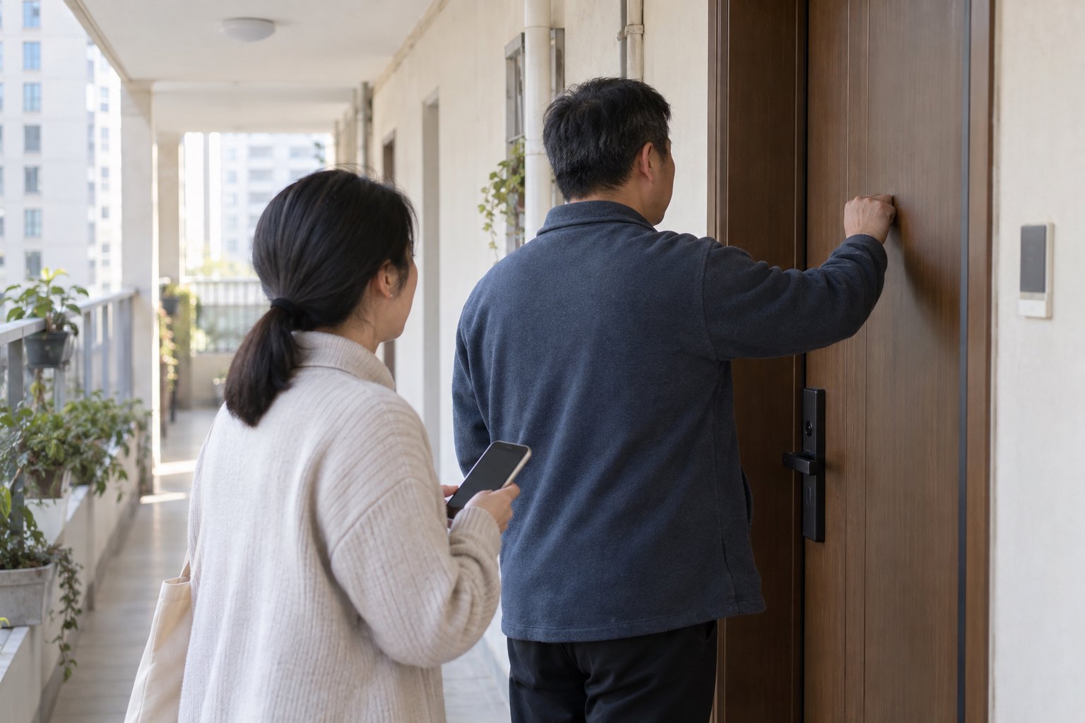 两名邻居在住宅走廊敲门并准备通过手机联系住户